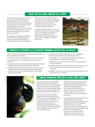 Quels sont les autres objectifs de la CDB?




                                                                                                                                                                                     © Daniele Sangermani
                       Le cinquième domaine prioritaire se penche            Certains pays ont mis en vigueur des lois
                       sur les connaissances traditionnelles des             contrôlant l’accès aux ressources génétiques.
                       peuples indigènes et des communautés                  Cependant, il n’y a pas de source centralisée
                       locales, qui fournissent les bases de la gestion      d’information fiable sur l’accès à ces
                       et de la protection de la biodiversité locale. La     ressources au niveau national et sur les
                       perpétuation de ce savoir est fort                    mesures de partage des bénéfices.
                       préoccupante étant donné qu’il ne se transmet
                       souvent qu’en langues indigènes qui ne sont           Le septième domaine prioritaire concerne les
                       généralement parlées que par un nombre                ressources financières et techniques requises
                       restreint de personnes.                               pour que la Convention soit appliquée, en
                                                                             particulier dans les pays en voie de
                       Un partage juste et équitable des bénéfices           développement. L’aide globale allouée aux
                       provenant des ressources génétiques –qui              pays en voie de développement diminue
                       constitue le sixième domaine prioritaire–             depuis 1998.
                       encouragerait la protection de la biodiversité.




                                                                `
                           Comment la Convention sur la diversite biologique est-elle mise en oeuvre?
                       Traduire le contenu de la Convention en politiques et mettre celles-ci en      La Conférence des Parties a adopté en 2002 un Plan stratégique
                       pratique représente un défi majeur.                                            comprenant quatre objectifs. Les progrès réalisés ont été :
                       Les instruments politiques développés par la Convention comprennent:             raisonnables en ce qui concerne la promotion de la coopération
                         des programmes de travail thématiques couvrant sept biomes                     internationale pour le soutien de la Convention ;
                         principaux ;                                                                   limités pour ce qui est de garantir que les Parties puissent mettre en
                         des programmes de travail sur le transfert de technologie, les zones           œuvre la Convention ;
                         protégées et la classification des organismes (taxinomie) ;                    loin d’être suffisants concernant la planification et la mise en œuvre, au
                         des lignes directrices et des principes sur des sujets liés à tous les         niveau national, d’actions visant à atteindre les objectifs de la
                         domaines thématiques, dont la surveillance de la biodiversité,                 Convention ;
                         l’évaluation des impacts, les mesures incitatives, et les espèces              mitigés en ce qui concerne la prise de conscience de l’importance de la
                         exotiques envahissantes.                                                       biodiversité et de la Convention.
© Daniele Sangermani




                                                                                                          `
                                                                                    L’objectif biodiversite 2010 est-il en voie d’etre atteint ?
                                                                                Tant une analyse des tendances actuelles          Selon les prévisions, la plupart des facteurs
                                                                                que les différents scénarios plausibles           provoquant une perte de biodiversité –la
                                                                                indiquent que la perte de biodiversité devrait    transformation des habitats, le changement
                                                                                se poursuivre dans le futur et certainement       climatique, les espèces exotiques
                                                                                au-delà de 2010. Des efforts supplémentaires      envahissantes, la surexploitation et la
                                                                                sans précédents, à tous les niveaux, seront       pollution– devraient rester constants ou
                                                                                nécessaires pour atteindre l’objectif 2010.       augmenter dans un avenir proche. Des
                                                                                                                                  actions supplémentaires sont requises pour
                                                                                Il est trop tôt pour évaluer les progrès          les diminuer.
                                                                                réalisés pour atteindre les objectifs de la
                                                                                Convention sur la diversité biologique, mais      Il est impératif d’intégrer la problématique de
                                                                                les perspectives sont meilleures pour             la biodiversité dans les plannings,
                                                                                certains objectifs que pour d’autres. Bon         programmes et politiques économiques et de
                                                                                nombre pourront être atteints si la               développement, ainsi que d’impliquer les
                                                                                Convention est convenablement mise en             principaux acteurs des secteurs
                                                                                œuvre. Cependant, il semble très improbable       économiques clefs. Plus spécifiquement, ces
                                                                                que tous les objectifs soient atteints au         préoccupations devraient être intégrées dans
                                                                                niveau mondial d’ici 2010.                        les secteurs de l’alimentation, de
                                                                                                                                  l’agriculture et de l’énergie, dans les
                                                                                                                                  politiques commerciales et dans les
                                                                                                                                  stratégies de réduction de la pauvreté.
 