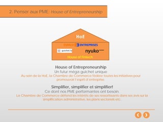 Inflation2. Penser aux PME: House of Entrepreneurship
Simplifier, simplifier et simplifier!
Ce dont nos PME performantes ont besoin.
La Chambre de Commerce défend les intérêts de ses ressortissants dans ses avis sur la
simplification administrative, les plans sectoriels etc.
House of Fintech
House of Entrepreneurship
Un futur méga guichet unique
Au sein de la HoE, la Chambre de Commerce fédère toutes les initiatives pour
promouvoir l’esprit d’entreprise.
 