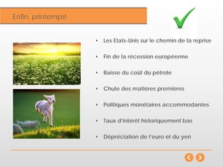 Inflation
• Les Etats-Unis sur le chemin de la reprise
• Fin de la récession européenne
• Baisse du coût du pétrole
• Chute des matières premières
• Politiques monétaires accommodantes
• Taux d’intérêt historiquement bas
• Dépréciation de l’euro et du yen
Enfin, printemps!
 