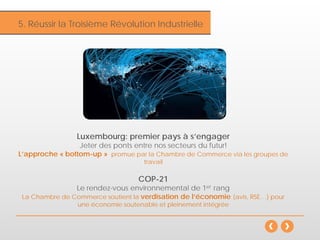 Inflation5. Réussir la Troisième Révolution Industrielle
Luxembourg: premier pays à s’engager
Jeter des ponts entre nos secteurs du futur!
L’approche « bottom-up » promue par la Chambre de Commerce via les groupes de
travail
COP-21
Le rendez-vous environnemental de 1er rang
La Chambre de Commerce soutient la verdisation de l’économie (avis, RSE…) pour
une économie soutenable et pleinement intégrée
 