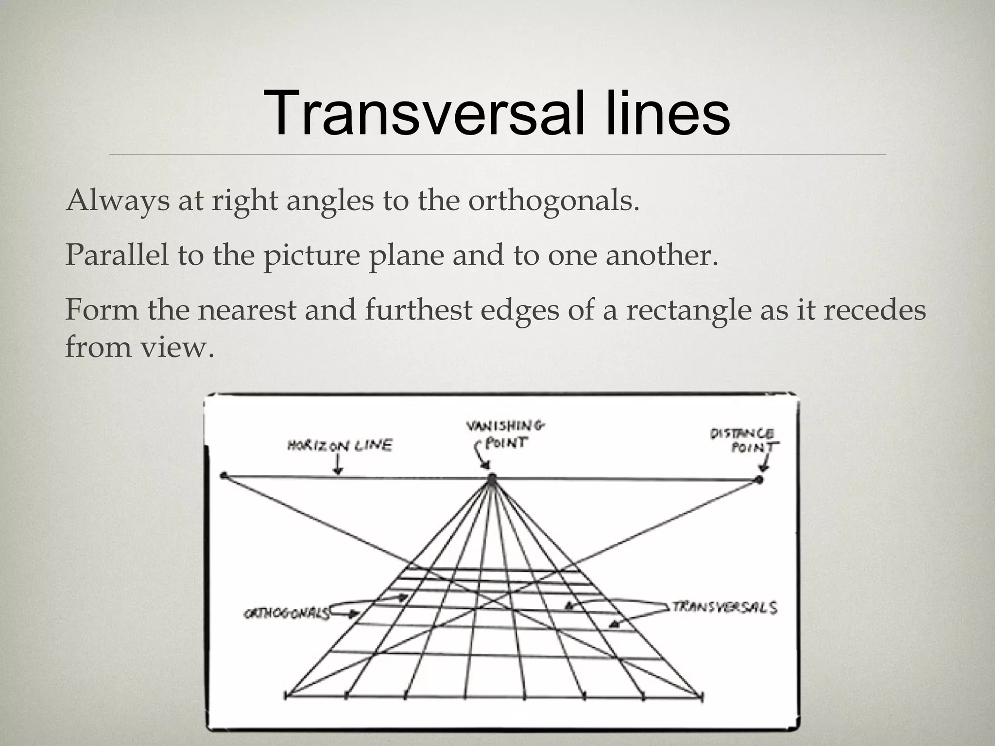 Transversal lines
Always at right angles to the orthogonals.
Parallel to the picture plane and to one another.
Form the nearest and furthest edges of a rectangle as it recedes
from view.
 