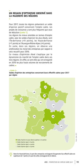 APEC – PERSPECTIVES DE L’EMPLOI CADRE 2017 11
–
UN REGAIN D’OPTIMISME OBSERVÉ DANS
LA MAJORITÉ DES RÉGIONS
–
Pour 2017, toutes les régions présentent un solde
d’opinion positif concernant l’emploi cadre. Les
projets de croissance y sont plus fréquents que ceux
de réduction (carte 1).
Les régions les mieux orientées en termes d’emploi
cadre, avec les soldes d’opinion les plus élevés, sont
l’Île-de-France (+9 points), les Hauts-de-France
(+7 points) et l’Auvergne-Rhône-Alpes (+6 points).
En outre, dans ces régions, on observe une
amélioration du moral des entreprises par rapport à
celui recueilli pour 2016.
Ce niveau d’optimiste élevé s’explique par le
dynamisme du marché de l’emploi cadre dans ces
trois régions. En effet, ce sont elles qui ont enregistré
en 2016 les plus hauts volumes de recrutements de
cadres.
– Carte 1–
Soldes d’opinion des entreprises concernant leurs effectifs cadres pour 2017
par région
+5
+3
+7
+9
+4
+4
+5
+5
+6
+3
+4
+5
Soldes d’opinion les plus élevés (supérieur à +6 points)
Solde d’opinion égal à +5 points
Solde d’opinion égal à +4 points
Solde d’opinion égal à +3 points
Source:Apec,2017
Dans les Hauts-de-France, la part des entreprises envisageant d’augmenter leur effectif cadre est
supérieure de 7 points à la part de celles envisageant de le réduire.
 
