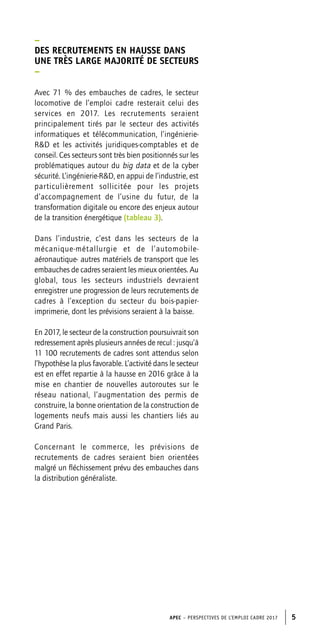 APEC – PERSPECTIVES DE L’EMPLOI CADRE 2017 5
–
DES RECRUTEMENTS EN HAUSSE DANS
UNE TRÈS LARGE MAJORITÉ DE SECTEURS
–
Avec 71 % des embauches de cadres, le secteur
locomotive de l’emploi cadre resterait celui des
services en 2017. Les recrutements seraient
principalement tirés par le secteur des activités
informatiques et télécommunication, l’ingénierie-
RD et les activités juridiques-comptables et de
conseil. Ces secteurs sont très bien positionnés sur les
problématiques autour du big data et de la cyber
sécurité. L’ingénierie-RD, en appui de l’industrie, est
particulièrement sollicitée pour les projets
d’accompagnement de l’usine du futur, de la
transformation digitale ou encore des enjeux autour
de la transition énergétique (tableau 3).
Dans l’industrie, c’est dans les secteurs de la
mécanique-métallurgie et de l’automobile-
aéronautique- autres matériels de transport que les
embauches de cadres seraient les mieux orientées. Au
global, tous les secteurs industriels devraient
enregistrer une progression de leurs recrutements de
cadres à l’exception du secteur du bois-papier-
imprimerie, dont les prévisions seraient à la baisse.
En 2017, le secteur de la construction poursuivrait son
redressement après plusieurs années de recul : jusqu’à
11 100 recrutements de cadres sont attendus selon
l’hypothèse la plus favorable. L’activité dans le secteur
est en effet repartie à la hausse en 2016 grâce à la
mise en chantier de nouvelles autoroutes sur le
réseau national, l’augmentation des permis de
construire, la bonne orientation de la construction de
logements neufs mais aussi les chantiers liés au
Grand Paris.
Concernant le commerce, les prévisions de
recrutements de cadres seraient bien orientées
malgré un fléchissement prévu des embauches dans
la distribution généraliste.
 