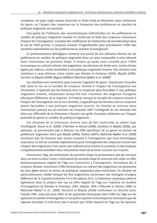III. OPINIONS PUBLIQUES ET IMMIGRATION : ATTITUDES INDIVIDUELLES, GROUPES D’INTÉRÊT ET MÉDIAS



         européens, les pays anglo-saxons (Australie et États-Unis) se détachent assez nettement
         du Japon, où l’impact des croyances sur la formation des préférences en matière de
         politique migratoire est moindre.
              Une partie de l’influence des caractéristiques individuelles sur les préférences en
         matière de politique migratoire transite en réalité par le biais des croyances concernant
         l’impact de l’immigration. L’analyse des coefficients de l’estimation de seconde étape dans
         le cas de l’ESS permet, à croyance donnée, d’appréhender plus précisément l’effet des
         variables individuelles sur les préférences en matière d’immigration.
             Le positionnement idéologique conserve une partie de son influence directe sur les
         préférences en matière de politique migratoire dans un sens comparable à celui observé
         dans l’estimation de première étape. Il ressort qu’après avoir contrôlé pour l’effet
         économique ou culturel attendu des migrations, les électeurs de droite sont, toutes choses
         égales par ailleurs, moins favorables à une politique migratoire ouverte. Ces résultats sont
         similaires à ceux obtenus, entre autres, par Kessler et Freeman (2005), Mayda (2006),
         Facchini et Mayda (2008), Miguet (2008) et Malchow-Møller et al. (2008)9.
              Les résultats sont nettement plus nuancés s’agissant du genre. Concernant l’enquête
         ESS, dans le cas où la variable de croyance renvoie à l’impact de l’immigration sur
         l’économie, il apparaît que les femmes sont en moyenne plus favorables à une politique
         migratoire ouverte, notamment lorsqu’elle doit concerner des migrants d’origines
         ethniques différentes de la majorité. À l’inverse, lorsque la variable de croyance renvoie à
         l’impact de l’immigration sur la vie culturelle, il apparaît que les femmes sont en moyenne
         moins favorables à une politique migratoire ouverte. Ce résultat se retrouve dans
         l’estimation portant sur les données de l’enquête ISSP. L’ambiguïté de ces résultats fait
         écho aux difficultés de la littérature à fournir une grille d’analyse cohérente sur l’impact
         potentiel du genre en matière de politique migratoire.
             Les résultats de la littérature récente sont de fait confrontés au même type
         d’ambigüité. Bauer et al. (2000), O’Rourke et Sinnot (2006), Facchini et Mayda (2008), par
         exemple, ne parviennent pas à illustrer un effet spécifique lié au genre en termes de
         préférence migratoire alors que Mayda (2006), Hatton (2007), Malchow-Møller et al. (2008)
         concluent que les femmes sont moins ouvertes à l’immigration que leurs homologues
         masculins. Le fait de contrôler explicitement pour l’endogénéité des croyances concernant
         l’impact des migrations n’est a priori pas suffisant pour éclairer la question, et des analyses
         complémentaires semblent donc nécessaires avant de pouvoir conclure sur ce point.
              Concernant l’âge, les estimations de première étape ne permettaient pas de conclure
         dans un sens ou dans l’autre. L’estimation de seconde étape en revanche fait valoir un effet
         systématiquement négatif de l’âge sur l’ouverture à l’immigration. Autrement dit, à
         croyance donnée concernant l’effet économique ou culturel des migrations, les personnes
         les plus âgées seront en faveur de politiques migratoires plus restrictives. Ce résultat est
         particulièrement visible lorsque les flux migratoires concernent des immigrés d’origine
         différente de la majorité (colonnes 3 et 6 du tableau III.1). La littérature empirique observe
         également dans la plupart des cas un effet négatif de l’âge sur l’opinion en matière
         d’immigration (cf. Kessler et Freeman, 2005; Mayda, 2006; O’Rourke et Sinnot, 2006; et
         Malchow-Møller et al., 2008). Facchini et Mayda (2008) confirment ce résultat pour
         l’année 1995, mais pas pour 2003. Si les approches théoriques liant l’effet de l’âge sur les
         opinions en matière d’immigration à une préoccupation économique ne fournissent pas de
         réponse tranchée, il n’est donc pas à exclure que l’effet observé de l’âge sur les opinions


PERSPECTIVES DES MIGRATIONS INTERNATIONALES : SOPEMI 2010 © OCDE 2010                                              147
 