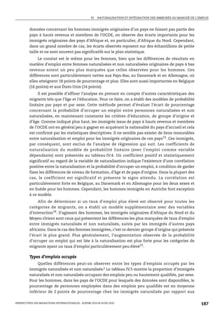 IV. NATURALISATION ET INTÉGRATION DES IMMIGRÉS AU MARCHÉ DE L’EMPLOI



         données concernant les hommes immigrés originaires d’un pays ne faisant pas partie des
         pays à hauts revenus et membres de l’OCDE, on observe des écarts importants pour les
         immigrés originaires des pays d’Afrique et, en particulier, d’Afrique du Nord. Cependant,
         dans un grand nombre de cas, les écarts observés reposent sur des échantillons de petite
         taille et ne sont souvent pas significatifs sur le plan statistique.
              Le constat est le même pour les femmes, bien que les différences de résultats en
         matière d’emploi entre femmes naturalisées et non naturalisées originaires de pays à bas
         revenus soient un peu plus marquées que celles observées pour les hommes. Ces
         différences sont particulièrement nettes aux Pays-Bas, au Danemark et en Allemagne, où
         elles atteignent 18 points de pourcentage et plus. Elles sont aussi importantes en Belgique
         (16 points) et aux États-Unis (14 points).
              Il est possible d’affiner l’analyse en prenant en compte d’autres caractéristiques des
         migrants tels que l’âge et l’éducation. Pour ce faire, on a établi des modèles de probabilité
         linéaire par pays et par sexe. Cette méthode permet d’évaluer l’écart de pourcentage
         concernant la probabilité d’occuper un emploi entre personnes naturalisées et non
         naturalisées, en maintenant constants les critères d’éducation, de groupe d’origine et
         d’âge. Comme indiqué plus haut, les immigrés issus de pays à hauts revenus et membres
         de l’OCDE ont en général peu à gagner en acquérant la nationalité du pays d’accueil et cela
         est confirmé par les statistiques descriptives. Il ne semble pas exister de liens mesurables
         entre naturalisation et emploi pour les immigrés originaires de ces pays13. Ces immigrés,
         par conséquent, sont exclus de l’analyse de régression qui suit. Les coefficients de
         naturalisation du modèle de probabilité linéaire (avec l’emploi comme variable
         dépendante) sont présentés au tableau IV.4. Un coefficient positif et statistiquement
         significatif au regard de la variable de naturalisation indique l’existence d’une corrélation
         positive entre la naturalisation et la probabilité d’occuper un emploi, à condition de garder
         fixes les différences de niveau de formation, d’âge et de pays d’origine. Dans la plupart des
         cas, le coefficient est significatif et présente le signe attendu. La corrélation est
         particulièrement forte en Belgique, au Danemark et en Allemagne pour les deux sexes et
         en Suède pour les hommes. Cependant, les hommes immigrés en Autriche font exception
         à ce modèle.
             Afin de déterminer si un taux d’emploi plus élevé est observé pour toutes les
         catégories de migrants, on a établi un modèle supplémentaire avec des variables
         d’interaction14. S’agissant des hommes, les immigrés originaires d’Afrique du Nord et du
         Moyen-Orient sont ceux qui présentent les différences les plus marquées de taux d’emploi
         entre immigrés naturalisés et non naturalisés, suivis par les immigrés d’autres pays
         africains. Dans le cas des femmes immigrées, c’est ce dernier groupe d’origine qui présente
         l’écart le plus grand. Plus généralement, l’augmentation observée de la probabilité
         d’occuper un emploi qui est liée à la naturalisation est plus forte pour les catégories de
         migrants ayant un taux d’emploi particulièrement peu élevé15.

         Types d’emplois occupés
             Quelles différences peut-on observer entre les types d’emplois occupés par les
         immigrés naturalisés et non naturalisés? Le tableau IV.5 montre la proportion d’immigrés
         naturalisés et non naturalisés occupant des emplois peu ou hautement qualifiés, par sexe.
         Pour les hommes, dans les pays de l’OCDE pour lesquels des données sont disponibles, le
         pourcentage de personnes employées dans des emplois peu qualifiés est en moyenne
         inférieur de 2 points de pourcentage chez les immigrés naturalisés par rapport aux

PERSPECTIVES DES MIGRATIONS INTERNATIONALES : SOPEMI 2010 © OCDE 2010                                              187
 