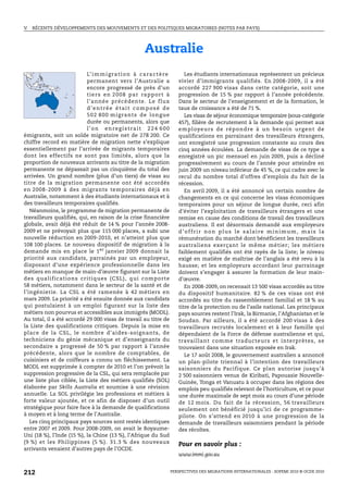 V.   RÉCENTS DÉVELOPPEMENTS DES MOUVEMENTS ET DES POLITIQUES MIGRATOIRES (NOTES PAR PAYS)




                                                          Australie
                           L’ i m m i g r a t i o n à c a r a c t è r e         Les étudiants internationaux représentent un précieux
                           permanent vers l’Australie a                      vivier d’immigrants qualifiés. En 2008-2009, il a été
                           encore progressé de près d’un                     accordé 227 900 visas dans cette catégorie, soit une
                           t i e r s e n 2 0 0 8 p a r ra p p o r t à        progression de 15 % par rapport à l’année précédente.
                           l’année précédente. Le flux                       Dans le secteur de l’enseignement et de la formation, le
                           d’entrée était composé de                         taux de croissance a été de 71 %.
                           5 0 2 8 0 0 m ig ra n ts d e l o n g u e             Les visas de séjour économique temporaire (sous-catégorie
                           durée ou permanents, alors que                    457), filière de recrutement à la demande qui permet aux
                           l’on enregistrait 224 600                         e m p l oye u r s d e r é p o n d re à u n b e s o i n u rg e n t d e
émigrants, soit un solde migratoire net de 278 200. Ce                       qualifications en parrainant des travailleurs étrangers,
chiffre record en matière de migration nette s’explique                      ont enregistré une progression constante au cours des
essentiellement par l’arrivée de migrants temporaires                        cinq années écoulées. La demande de visas de ce type a
dont les effectifs ne sont pas limités, alors que la                         enregistré un pic mensuel en juin 2009, puis a décliné
proportion de nouveaux arrivants au titre de la migration                    progressivement au cours de l’année pour atteindre en
permanente ne dépassait pas un cinquième du total des                        juin 2009 un niveau inférieur de 45 %, ce qui cadre avec le
arrivées. Un grand nombre (plus d’un tiers) de visas au                      recul du nombre total d’offres d’emplois du fait de la
titre de la migration permanente ont été accordés                            récession.
en 2008-2009 à des migrants temporaires déjà en                                 En avril 2009, il a été annoncé un certain nombre de
Australie, notamment à des étudiants internationaux et à                     changements en ce qui concerne les visas économiques
des travailleurs temporaires qualifiés.                                      temporaires pour un séjour de longue durée, ceci afin
   Néanmoins, le programme de migration permanente de                        d’éviter l’exploitation de travailleurs étrangers et une
travailleurs qualifiés, qui, en raison de la crise financière                remise en cause des conditions de travail des travailleurs
globale, avait déjà été réduit de 14 % pour l’année 2008-                    australiens. Il est désormais demandé aux employeurs
2009 et ne prévoyait plus que 115 000 places, a subi une                     d’offrir non plus le salaire minimum, mais la
nouvelle réduction en 2009-2010, et n’atteint plus que                       rémunération du marché dont bénéficient les travailleurs
108 100 places. Le nouveau dispositif de migration à la                      australiens exerçant le même métier; les métiers
demande mis en place le 1 er janvier 2009 donnait la                         faiblement qualifiés ont été rayés de la liste; le niveau
priorité aux candidats, parrainés par un employeur,                          exigé en matière de maîtrise de l’anglais a été revu à la
disposant d’une expérience professionnelle dans les                          hausse; et les employeurs accordant leur parrainage
métiers en manque de main-d’œuvre figurant sur la Liste                      doivent s’engager à assurer la formation de leur main-
des qualifications critiques (CSL), qui comporte                             d’œuvre.
58 métiers, notamment dans le secteur de la santé et de                         En 2008-2009, on recensait 13 500 visas accordés au titre
l’ingénierie. La CSL a été ramenée à 42 métiers en                           du dispositif humanitaire. 82 % de ces visas ont été
mars 2009. La priorité a été ensuite donnée aux candidats                    accordés au titre du rassemblement familial et 18 % au
qui postulaient à un emploi figurant sur la liste des                        titre de la protection ou de l’asile national. Les principaux
métiers non pourvus et accessibles aux immigrés (MODL).                      pays sources restent l’Irak, la Birmanie, l’Afghanistan et le
Au total, il a été accordé 29 000 visas de travail au titre de               Soudan. Par ailleurs, il a été accordé 200 visas à des
la Liste des qualifications critiques. Depuis la mise en                     travailleurs recrutés localement et à leur famille qui
place de la CSL, le nombre d’aides-soignants, de                             dépendaient de la Force de défense australienne et qui,
techniciens du génie mécanique et d’enseignants du                           travaillant comme traducteurs et interprètes, se
secondaire a progressé de 50 % par rapport à l’année                         trouvaient dans une situation exposée en Irak.
précédente, alors que le nombre de comptables, de                               Le 17 août 2008, le gouvernement australien a annoncé
cuisiniers et de coiffeurs a connu un fléchissement. La                      un plan-pilote triennal à l’intention des travailleurs
MODL est supprimée à compter de 2010 et l’on prévoit la                      saisonniers du Pacifique. Ce plan autorise jusqu’à
suppression progressive de la CSL, qui sera remplacée par                    2 500 saisonniers venus de Kiribati, Papouasie Nouvelle-
une liste plus ciblée, la Liste des métiers qualifiés (SOL)                  Guinée, Tonga et Vanuatu à occuper dans les régions des
élaborée par Skills Australia et soumise à une révision                      emplois peu qualifiés relevant de l’horticulture, et ce pour
annuelle. La SOL privilégie les professions et métiers à                     une durée maximale de sept mois au cours d’une période
forte valeur ajoutée, et ce afin de disposer d’un outil                      de 12 mois. Du fait de la récession, 56 travailleurs
stratégique pour faire face à la demande de qualifications                   seulement ont bénéficié jusqu’ici de ce programme-
à moyen et à long terme de l’Australie.                                      pilote. On s’attend en 2010 à une progression de la
   Les cinq principaux pays sources sont restés identiques                   demande de travailleurs saisonniers pendant la période
entre 2007 et 2009. Pour 2008-2009, on avait le Royaume-                     des récoltes.
Uni (18 %), l’Inde (15 %), la Chine (13 %), l’Afrique du Sud
(9 %) et les Philippines (5 %). 31.3 % des nouveaux                          Pour en savoir plus :
arrivants venaient d’autres pays de l’OCDE.
                                                                             www.immi.gov.au


212                                                                       PERSPECTIVES DES MIGRATIONS INTERNATIONALES : SOPEMI 2010 © OCDE 2010
 