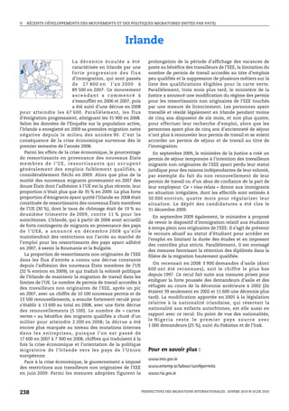 V.   RÉCENTS DÉVELOPPEMENTS DES MOUVEMENTS ET DES POLITIQUES MIGRATOIRES (NOTES PAR PAYS)




                                                                   Irlande
                                  La décennie écoulée a été                        prolongation de la période d’affichage des vacances de
                                  caractérisée en Irlande par une                  poste au bénéfice des travailleurs de l’EEE, la limitation du
                                  forte progression des flux                       nombre de permis de travail accordés au titre d’emplois
                                  d’immigration, qui sont passés                   peu qualifiés et la suppression de plusieurs métiers sur la
                                  de 27 800 en l’an 2000 à                         liste des qualifications éligibles pour la carte verte.
                                  89 500 en 2007. Ce mouvement                     Parallèlement, trois mois plus tard, le ministère de la
                                  ascendant a commencé à                           Justice a annoncé une modification du régime des permis
                                  s’essouffler en 2006 et 2007, puis               pour les ressortissants non originaires de l’EEE touchés
                                  a été suivi d’une décrue en 2008                 par une mesure de licenciement. Les personnes ayant
pour atteindre les 67 600. Parallèlement, les flux                                 travaillé et résidé légalement en Irlande pendant moins
d’émigration progressaient, atteignant les 31 900 en 2008.                         de cinq ans disposent de six mois, et non plus quatre,
Selon les données de l’Enquête sur la population active,                           pour effectuer leur recherche d’emploi, alors que les
l’Irlande a enregistré en 2009 sa première migration nette                         personnes ayant plus de cinq ans d’ancienneté de séjour
négative depuis le milieu des années 90. C’est la                                  n’ont plus à renouveler leur permis de travail et se voient
conséquence de la crise économique survenue dès le                                 accorder un permis de séjour et de travail au titre de
premier semestre de l’année 2008.                                                  l’immigration.
   Parmi les effets de la crise économique, le pourcentage                           En septembre 2009, le ministère de la Justice a créé un
de ressortissants en provenance des nouveaux États                                 permis de séjour temporaire à l’intention des travailleurs
membres de l’UE, ressortissants qui occupent                                       migrants non originaires de l’EEE ayant perdu leur statut
généralement des emplois faiblement qualifiés, a                                   juridique pour des raisons indépendantes de leur volonté,
considérablement fléchi en 2009. Alors que plus de la                              par exemple du fait du non renouvellement de leur
moitié des nouveaux migrants provenaient en 2007 des                               permis de travail ou d’un abus de confiance de la part de
douze États dont l’adhésion à l’UE est la plus récente, leur                       leur employeur. Ce « visa-relais » donne aux immigrants
proportion n’était plus que de 35 % en 2009. La plus forte                         en situation irrégulière, dont les effectifs sont estimés à
proportion d’émigrants ayant quitté l’Irlande en 2008 était                        30 000 environ, quatre mois pour régulariser leur
constituée de ressortissants des nouveaux États membres                            situation. Le dépôt des candidatures a été clos le
de l’UE (30 %), dont le taux de chômage était de 19 % au                           31 décembre 2009.
deuxième trimestre de 2009, contre 11 % pour les
                                                                                      En septembre 2009 également, le ministère a proposé
autochtones. L’Irlande, qui à partir de 2004 avait accueilli
                                                                                   de revoir le dispositif d’immigration relatif aux étudiants
de forts contingents de migrants en provenance des pays
                                                                                   à temps plein non originaires de l’EEE. Il s’agit de prévenir
de l’UE8, a annoncé en décembre 2008 qu’elle
                                                                                   le recours abusif au statut d’étudiant pour accéder en
maintiendrait des restrictions sur l’accès au marché de
                                                                                   l’emploi en limitant la durée des études et en imposant
l’emploi pour les ressortissants des pays ayant adhéré
                                                                                   des contrôles plus stricts. Parallèlement, il est envisagé
en 2007, à savoir la Roumanie et la Bulgarie.
                                                                                   des mesures favorisant la rétention des diplômés dans la
   La proportion de ressortissants non originaires de l’EEE                        filière de la migration hautement qualifiée.
dans les flux d’entrée a connu une décrue constante
                                                                                      On recensait en 2008 3 900 demandes d’asile (dont
depuis l’adhésion des nouveaux États membres de l’UE
                                                                                   600 ont été reconnues), soit le chiffre le plus bas
(32 % environ en 2009), ce qui traduit la volonté politique
                                                                                   depuis 1997. Ce recul fait suite aux mesures prises pour
de l’Irlande de maintenir la migration de travail dans les
                                                                                   endiguer la forte poussée des demandeurs d’asile et des
limites de l’UE. Le nombre de permis de travail accordés à
                                                                                   réfugiés au cours de la décennie antérieure à 2002 (ils
des travailleurs non originaires de l’EEE, après un pic
                                                                                   étaient 39 seulement en 2002 et 11 600 une décennie plus
en 2007, avec un chiffre de 10 100 nouveaux permis et de
                                                                                   tard). La modification apportée en 2005 à la législation
13 500 renouvellements, a ensuite fortement reculé pour
                                                                                   relative à la nationalité irlandaise, qui réservait la
s’établir à 13 600 au total en 2008, avec une forte décrue
                                                                                   nationalité aux enfants autochtones, est elle aussi en
des renouvellements (5 100). Le nombre de « cartes
                                                                                   rapport avec ce recul. Du point de vue des nationalités,
vertes » au bénéfice des migrants qualifiés a chuté d’un
                                                                                   l e N i g e r i a r e s t e l e p r e m i e r p ay s s o u r c e av e c
millier pour atteindre 2 200 en 2008; la décrue a été
                                                                                   1 000 demandeurs (25 %), suivi du Pakistan et de l’Irak.
encore plus marquée au niveau des mutations internes
d a n s l e s e n t rep r i s e s , p u i s q u e l ’ o n e s t p a s s é d e
17 600 en 2007 à 7 300 en 2008, chiffres qui traduisent à la
fois la crise économique et l’orientation de la politique
mig rato ire de l’ Irl ande ve rs les pays de l’U nion                             Pour en savoir plus :
européenne.
                                                                                   www.inis.gov.ie
   Face à la crise économique, le gouvernement a imposé
des restrictions aux travailleurs non originaires de l’EEE                         www.entemp.ie/labour/workpermits
en juin 2009. Parmi les mesures adoptées figurent la                               www.ria.gov.ie



238                                                                             PERSPECTIVES DES MIGRATIONS INTERNATIONALES : SOPEMI 2010 © OCDE 2010
 