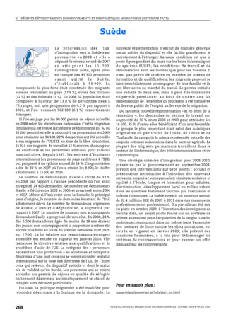 V.   RÉCENTS DÉVELOPPEMENTS DES MOUVEMENTS ET DES POLITIQUES MIGRATOIRES (NOTES PAR PAYS)




                                                             Suède
                           La progression des flux                         nouvelle réglementation n’exclut de manière générale
                           d’immigration vers la Suède s’est               aucun métier du dispositif et elle facilite grandement le
                           p o u r s u iv ie e n 2 0 0 8 e t e ll e a      recrutement à l’étranger. La seule condition est que le
                           dépassé le niveau record de 2007                poste figure pendant dix jours sur les listes informatiques
                           en atteignant les 101 200.                      du système EURES; les conditions de travail et de
                           L’immigration nette, après prise                rémunération sont les mêmes que pour les Suédois. Il
                           en compte des 45 300 personnes                  n’est pas prévu de critères en matière de niveau de
                           ayant         quitté      la     Suède,         formation et de qualifications, les migrants peuvent se
                           s’établissait à 55 900. La                      faire immédiatement accompagner de leur famille et ils
composante la plus forte était constituée des migrants                     ont libre accès au marché du travail. Le permis initial a
suédois retournant au pays (17.6 %), suivis des Irakiens                   une validité de deux ans, mais il peut être transformé
(12 %) et des Polonais (7 %). En 2008, la population était                 en per mis per manent au bout de qua tre ans. La
composée à hauteur de 13.8 % de personnes nées à                           responsabilité de l’ensemble du processus a été transférée
l’étranger, soit une progression de 4.2 % par rapport à                    du Service public de l’emploi au Service de la migration.
2007, et l’on recensait 562 100 (6.1 %) ressortissants                        Du fait de la nouvelle réglementation – et en dépit de la
étrangers.                                                                 récession –, les demandes de permis de travail ont
   Si l’on en juge par les 90 000 permis de séjour accordés                augmenté de 30 % entre 2008 et 2009 pour atteindre les
en 2008 selon les statistiques nationales, c’est la migration              16 500, 85 % d’entre elles bénéficiant d’un avis favorable.
familiale qui est restée la catégorie prédominante (37 %, ou               Le groupe le plus important était celui des Asiatiques
33 200 permis) et elle a poursuivi sa progression en 2009                  originaires en particulier de l’Inde, de Chine et de
pour atteindre les 34 100. 22 % des permis ont été accordés                Thaïlande. La catégorie la mieux représentée est celle des
à des migrants de l’UE/EEE au titre de la libre circulation,               emplois estivaux saisonniers dans le secteur agricole. La
16 % à des migrants de travail et 12 % environ chacun pour                 plupart des migrants permanents travaillent dans le
les étudiants et les personnes admises pour raisons                        secteur de l’informatique, des télécommunications et de
humanitaires. Depuis 1997, les entrées d’étudiants                         l’électronique.
internationaux (en provenance de pays extérieurs à l’EEE)                    Une stratégie cohésive d’intégration pour 2008-2010,
ont progressé à un rythme annuel de 14 %. L’augmentation                   présentée par le gouvernement en septembre 2008,
a été de 22 % en 2007 où l’on a atteint les 8 900, le chiffre              prévoit des interventions sur sept points : accueil et
s’établissant à 13 500 en 2009.                                            présentation introductive à l’intention des nouveaux
   Le nombre de demandeurs d’asile a chuté de 33 %                         arrivants, emploi et entreprenariat, résultats scolaires et
en 2008 par rapport à l’année précédente où l’on avait                     égalité à l’école, langue et formation pour adultes,
enregistré 24 400 demandes. Le nombre de demandeurs                        discrimination, développement local en milieu urbain
d’asile a fléchi entre 2002 et 2005 et progressé entre 2006                dans les quartiers fortement touchés par l’exclusion et
et 2007. Même si l’Irak reste avec la Somalie le principal                 valeurs communes. La Suède investit un montant annuel
pays d’origine, le nombre de demandes émanant de l’Irak                    de 92.4 millions SEK de 2009 à 2011 dans des mesures de
a fortement décru. Le nombre de demandeurs originaires                     perfectionnement professionnel. Il a par ailleurs été mis
de Russie, d’Iran et d’Afghanistan, a augmenté par                         en place en octobre 2009, à l’intention des immigrants de
rapport à 2007. Le nombre de mineurs non accompagnés                       fraîche date, un projet pilote fondé sur un système de
demandant l’asile a progressé de son côté. En 2008, 24 %                   primes au résultat pour l’acquisition de la langue. Une loi
des 6 200 demandeurs âgés de moins de 18 ans étaient                       ambitieuse, regroupant dans un même texte l’ensemble
des jeunes non accompagnés et la proportion a même été                     des mesures de lutte contre les discriminations, est
encore plus forte au cours du premier semestre 2009 (33 %                  entrée en vigueur en janvier 2009; elle prévoit des
sur 2 700). La loi relative aux ressortissants étrangers                   sanctions financières, à la fois pour dédommager les
amendée est entrée en vigueur en janvier 2010; elle                        victimes de contraventions et pour exercer un effet
transpose la directive relative aux qualifications et la                   dissuasif sur les contrevenants.
procédure d’asile de l’UE. La catégorie des « personnes
nécessitant une protection » se subdivise et comporte
désormais d’une part ceux qui se voient accorder le statut
international sur la base des directives de l’UE, de l’autre
ceux qui relèvent du dispositif suédois et dont le statut
n’a de validité qu’en Suède. Les personnes qui se voient
accorder un permis de séjour en qualité de réfugiés
obtiennent désormais automatiquement le statut de
réfugiés sans décision particulière.
                                                                           Pour en savoir plus :
   Fin 2008, la politique migratoire a été modifiée pour
répondre désormais à la logique de la demande. La                          www.migrationsverket.se/info/start_en.html



268                                                                     PERSPECTIVES DES MIGRATIONS INTERNATIONALES : SOPEMI 2010 © OCDE 2010
 