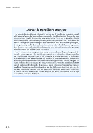 ANNEXE STATISTIQUE



Entrées de travailleurs étrangers




                             Entrées de travailleurs étrangers
              La plupart des statistiques publiées ici portent sur le nombre de permis de travail
           délivrés dans l’année. De la même façon que pour les flux d’immigration globaux, les pays
           communément appelés d’installation (Australie, Canada, États-Unis et Nouvelle-Zélande)
           considèrent comme travailleurs migrants les personnes qui ont reçu une « autorisation au
           titre de l’immigration permanente pour motif de travail ». Dans chacun de ces quatre pays,
           il est également possible de travailler de façon temporaire selon différents programmes
           (ces données sont également disponibles dans cette annexe). Les données par pays
           d’origine ne sont pas publiées dans cette annexe.
              Les données relatives aux pays européens portent sur l’octroi de premiers permis de
           travail, y compris parfois à des travailleurs temporaires ou saisonniers. D’importants flux
           de travailleurs ne sont pas couverts, soit parce que le type de permis qu’ils détiennent
           n’est pas retenu dans ces statistiques, soit parce qu’ils n’ont pas besoin de permis pour
           travailler (accords de libre circulation, bénéficiaires du regroupement familial, réfugiés). En
           outre, certaines données incluent des renouvellements de permis. Le retard administratif
           dans le traitement des demandes de permis de travail est quelquefois important (comme
           aux États-Unis par exemple) ce qui explique que les chiffres enregistrés ont alors peu de
           lien avec la demande. Il se peut aussi que les données portent sur les premières entrées sur
           le marché du travail. Ces données peuvent englober des jeunes étrangers nés dans le pays
           qui accèdent au marché du travail.




 368                                                     PERSPECTIVES DES MIGRATIONS INTERNATIONALES : SOPEMI 2010 © OCDE 2010
 