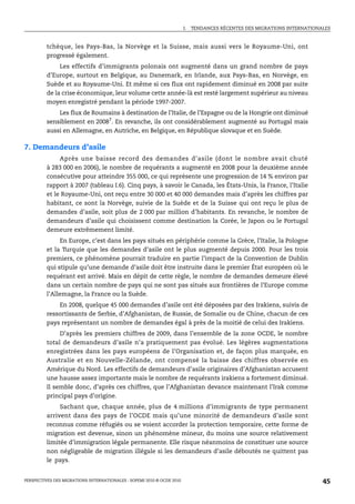 I.   TENDANCES RÉCENTES DES MIGRATIONS INTERNATIONALES



         tchèque, les Pays-Bas, la Norvège et la Suisse, mais aussi vers le Royaume-Uni, ont
         progressé également.
              Les effectifs d’immigrants polonais ont augmenté dans un grand nombre de pays
         d’Europe, surtout en Belgique, au Danemark, en Irlande, aux Pays-Bas, en Norvège, en
         Suède et au Royaume-Uni. Et même si ces flux ont rapidement diminué en 2008 par suite
         de la crise économique, leur volume cette année-là est resté largement supérieur au niveau
         moyen enregistré pendant la période 1997-2007.
             Les flux de Roumains à destination de l’Italie, de l’Espagne ou de la Hongrie ont diminué
         sensiblement en 20087. En revanche, ils ont considérablement augmenté au Portugal mais
         aussi en Allemagne, en Autriche, en Belgique, en République slovaque et en Suède.

7. Demandeurs d’asile
              Après une baisse record des demandes d’asile (dont le nombre avait chuté
         à 283 000 en 2006), le nombre de requérants a augmenté en 2008 pour la deuxième année
         consécutive pour atteindre 355 000, ce qui représente une progression de 14 % environ par
         rapport à 2007 (tableau I.6). Cinq pays, à savoir le Canada, les États-Unis, la France, l’Italie
         et le Royaume-Uni, ont reçu entre 30 000 et 40 000 demandes mais d’après les chiffres par
         habitant, ce sont la Norvège, suivie de la Suède et de la Suisse qui ont reçu le plus de
         demandes d’asile, soit plus de 2 000 par million d’habitants. En revanche, le nombre de
         demandeurs d’asile qui choisissent comme destination la Corée, le Japon ou le Portugal
         demeure extrêmement limité.
              En Europe, c’est dans les pays situés en périphérie comme la Grèce, l’Italie, la Pologne
         et la Turquie que les demandes d’asile ont le plus augmenté depuis 2000. Pour les trois
         premiers, ce phénomène pourrait traduire en partie l’impact de la Convention de Dublin
         qui stipule qu’une demande d’asile doit être instruite dans le premier État européen où le
         requérant est arrivé. Mais en dépit de cette règle, le nombre de demandes demeure élevé
         dans un certain nombre de pays qui ne sont pas situés aux frontières de l’Europe comme
         l’Allemagne, la France ou la Suède.
             En 2008, quelque 45 000 demandes d’asile ont été déposées par des Irakiens, suivis de
         ressortissants de Serbie, d’Afghanistan, de Russie, de Somalie ou de Chine, chacun de ces
         pays représentant un nombre de demandes égal à près de la moitié de celui des Irakiens.
              D’après les premiers chiffres de 2009, dans l’ensemble de la zone OCDE, le nombre
         total de demandeurs d’asile n’a pratiquement pas évolué. Les légères augmentations
         enregistrées dans les pays européens de l’Organisation et, de façon plus marquée, en
         Australie et en Nouvelle-Zélande, ont compensé la baisse des chiffres observée en
         Amérique du Nord. Les effectifs de demandeurs d’asile originaires d’Afghanistan accusent
         une hausse assez importante mais le nombre de requérants irakiens a fortement diminué.
         Il semble donc, d’après ces chiffres, que l’Afghanistan devance maintenant l’Irak comme
         principal pays d’origine.
              Sachant que, chaque année, plus de 4 millions d’immigrants de type permanent
         arrivent dans des pays de l’OCDE mais qu’une minorité de demandeurs d’asile sont
         reconnus comme réfugiés ou se voient accorder la protection temporaire, cette forme de
         migration est devenue, sinon un phénomène mineur, du moins une source relativement
         limitée d’immigration légale permanente. Elle risque néanmoins de constituer une source
         non négligeable de migration illégale si les demandeurs d’asile déboutés ne quittent pas
         le pays.


PERSPECTIVES DES MIGRATIONS INTERNATIONALES : SOPEMI 2010 © OCDE 2010                                                      45
 