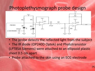 Photoplethysmograph probe design  The probe detects the reflected light from the subject