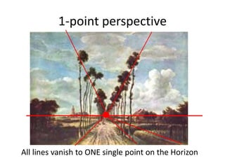 1-point perspective
All lines vanish to ONE single point on the Horizon
 
