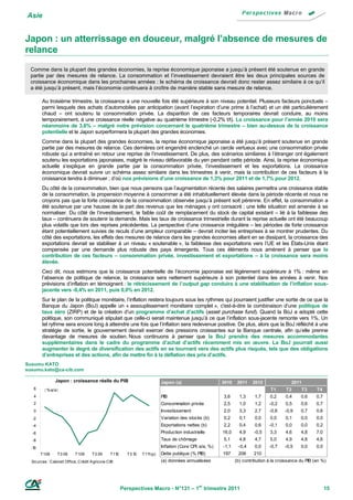 Asie


Japon : un atterrissage en douceur, malgré l’absence de mesures de
relance
  Comme dans la plupart des grandes économies, la reprise économique japonaise a jusqu’à présent été soutenue en grande
  partie par des mesures de relance. La consommation et l’investissement devraient être les deux principales sources de
  croissance économique dans les prochaines années : le schéma de croissance devrait donc rester assez similaire à ce qu’il
  a été jusqu’à présent, mais l’économie continuera à croître de manière stable sans mesure de relance.

        Au troisième trimestre, la croissance a une nouvelle fois été supérieure à son niveau potentiel. Plusieurs facteurs ponctuels –
        parmi lesquels des achats d’automobiles par anticipation (avant l’expiration d’une prime à l’achat) et un été particulièrement
        chaud – ont soutenu la consommation privée. La disparition de ces facteurs temporaires devrait conduire, au moins
        temporairement, à une croissance réelle négative au quatrième trimestre (-0,2% t/t). La croissance pour l’année 2010 sera
        néanmoins de 3,6% – malgré notre prévision concernant le quatrième trimestre – bien au-dessus de la croissance
        potentielle et le Japon surperformera la plupart des grandes économies.
        Comme dans la plupart des grandes économies, la reprise économique japonaise a été jusqu’à présent soutenue en grande
        partie par des mesures de relance. Ces dernières ont engendré enclenché un cercle vertueux avec une consommation privée
        robuste qui a entraîné en retour une reprise de l’investissement. De plus, des scénarios similaires à l’étranger ont également
        soutenu les exportations japonaises, malgré le niveau défavorable du yen pendant cette période. Ainsi, la reprise économique
        actuelle s’explique en grande partie par la consommation privée, l’investissement et les exportations. La croissance
        économique devrait suivre un schéma assez similaire dans les trimestres à venir, mais la contribution de ces facteurs à la
        croissance tendra à diminuer ; d’où nos prévisions d’une croissance de 1,3% pour 2011 et de 1,7% pour 2012.
        Du côté de la consommation, bien que nous pensons que l’augmentation récente des salaires permettra une croissance stable
        de la consommation, la propension moyenne à consommer a été inhabituellement élevée dans la période récente et nous ne
        croyons pas que la forte croissance de la consommation observée jusqu’à présent soit pérenne. En effet, la consommation a
        été soutenue par une hausse de la part des revenus que les ménages y ont consacré ; une telle situation est amenée à se
        normaliser. Du côté de l’investissement, le faible coût de remplacement du stock de capital existant – lié à la faiblesse des
        taux – continuera de soutenir la demande. Mais les taux de croissance trimestrielle durant la reprise actuelle ont été beaucoup
        plus volatils que lors des reprises précédentes. La perspective d’une croissance irrégulière – les périodes de forte croissance
        étant potentiellement suivies de reculs d’une ampleur comparable – devrait inciter les entreprises à se montrer prudentes. Du
        côté des exportations, les effets des mesures de relance dans les grandes économies allant en se dissipant, la croissance des
        exportations devrait se stabiliser à un niveau « soutenable », la faiblesse des exportations vers l’UE et les États-Unis étant
        compensée par une demande plus robuste des pays émergents. Tous ces éléments nous amènent à penser que la
        contribution de ces facteurs – consommation privée, investissement et exportations – à la croissance sera moins
        élevée.
        Ceci dit, nous estimons que la croissance potentielle de l’économie japonaise est légèrement supérieure à 1% : même en
        l’absence de politique de relance, la croissance sera nettement supérieure à son potentiel dans les années à venir. Nos
        prévisions d’inflation en témoignent : le rétrécissement de l’output gap conduira à une stabilisation de l’inflation sous-
        jacente vers -0,4% en 2011, puis 0,0% en 2012.
        Sur le plan de la politique monétaire, l’inflation restera toujours sous les rythmes qui pourraient justifier une sortie de ce que la
        Banque du Japon (BoJ) appelle un « assouplissement monétaire complet », c'est-à-dire la combinaison d’une politique de
        taux zéro (ZIRP) et de la création d’un programme d’achat d’actifs (asset purchase fund). Quand la BoJ a adopté cette
        politique, son communiqué stipulait que celle-ci serait maintenue jusqu’à ce que l’inflation sous-jacente remonte vers 1%. Un
        tel rythme sera encore long à atteindre une fois que l’inflation sera redevenue positive. De plus, alors que la BoJ réfléchit à une
        stratégie de sortie, le gouvernement devrait exercer des pressions croissantes sur la Banque centrale, afin qu’elle prenne
        davantage de mesures de soutien. Nous continuons à penser que la BoJ prendra des mesures accommodantes
        supplémentaires dans le cadre du programme d’achat d’actifs récemment mis en œuvre. La BoJ pourrait aussi
        augmenter le degré de diversification des actifs en se tournant vers des actifs plus risqués, tels que des obligations
        d’entreprises et des actions, afin de mettre fin à la déflation des prix d’actifs.
Susumu KATO
susumu.kato@ca-cib.com

                Japon : croissance réelle du PIB                           Japon (a)                      2010    2011    2012               2011
   6    （ % a/a）                                                                                                                   T1     T2      T3      T4
   4                                                                       PIB                            3,6      1,3     1,7    0,2     0,4     0,6     0,7
   2                                                                       Consommation privée            2,5      1,0     1,2    -0,2    0,5     0,6     0,7
   0                                                                       Investissement                 2,0      3,3     2,7    -0,8    -0,9    0,7     0,6
  -2                                                                       Variation des stocks (b)       0,2      0,1     0,0    0,0     0,1     0,0     0,0
  -4                                                                       Exportations nettes (b)        2,2      0,4     0,6    -0,1    0,0     0,0     0,2
  -6                                                                       Production industrielle        16,0     4,9    -0,5    3,3     4,6     4,8     7,0
  -8                                                                       Taux de chômage                5,1      4,8     4,7    5,0     4,9     4,8     4,6
  -10                                                                      Inflation (Core CPI, a/a, %)   -1,1    -0,4     0,0    -0,7    -0,5    0,0     0,0
        T108     T3 08     T109      T3 09      T110     T3 10   T11 (p)
                                                                    1      Dette publique (% PIB)         197     206     210
  So urces : Cabinet Office, Crédit A grico le CIB                         (a) données annualisées               (b) contribution à la croissance du PIB (en %)




                                                       Perspectives Macro - N°131 – 1er trimestre 2011                                                          15
 