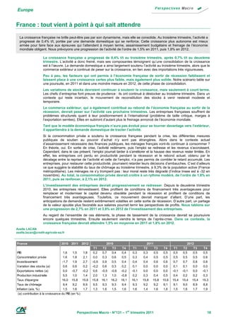 Europe


France : tout vient à point à qui sait attendre
  La croissance française ne brille peut-être pas par son dynamisme, mais elle se consolide. Au troisième trimestre, l’activité a
  progressé de 0,4% t/t, portée par une demande domestique qui se renforce. Cette croissance plus autonome est mieux
  armée pour faire face aux épreuves qui l’attendent à moyen terme, assainissement budgétaire et freinage de l’économie
  mondiale obligent. Nous prévoyons une progression de l’activité de l’ordre de 1,5% en 2011, puis 1,8% en 2012.

                   La croissance française a progressé de 0,4% t/t au troisième trimestre, après 0,7% t/t au deuxième
                   trimestre. L’activité a donc freiné, mais ses composantes témoignent qu’une consolidation de la croissance
                   est à l’œuvre. La demande domestique a ainsi largement soutenu l’activité au troisième trimestre, alors que le
                   commerce extérieur a continué de peser sur la croissance, en lien avec des importations très vigoureuses.
                   Peu à peu, les facteurs qui ont permis à l’économie française de sortir de récession faiblissent et
                   laissent place à une croissance certes plus faible, mais également plus solide. Notre scénario table sur
                   une poursuite, en 2011 et dans une moindre mesure en 2012, de cette phase de consolidation.
                   Les variations de stocks devraient continuer à soutenir la croissance, mais seulement à court terme.
                   Les chefs d’entreprise font preuve de prudence : ils ont continué à déstocker au troisième trimestre. Dans un
                   contexte qui reste incertain, le mouvement de reconstitution des stocks à venir resterait modeste et
                   temporaire.
                   Le commerce extérieur, qui a également contribué au rebond de l’économie française au sortir de la
                   récession, devrait peser sur l’activité ces prochains trimestres. Les entreprises françaises souffrent de
                   problèmes structurels quant à leur positionnement à l’international (problème de taille critique, marges à
                   l’exportation serrées). Elles en subiront d’autant plus le freinage annoncé de l’économie mondiale.
                   Tant que le modèle économique français n’aura pas évolué pour se tourner davantage vers l’extérieur,
                   il appartiendra à la demande domestique de tracter l’activité.
                   Si la consommation privée a soutenu la croissance française pendant la crise, les différentes mesures
                   publiques de soutien au pouvoir d’achat n’y sont pas étrangères. Alors dans le contexte actuel
                   d’assainissement nécessaire des finances publiques, les ménages français vont-ils continuer à consommer ?
                   En théorie, oui. En sortie de crise, l’activité redémarre, puis l’emploi se redresse et les revenus s’accroissent.
                   Cependant, dans le cas présent, l’emploi pourrait tarder à s’améliorer et la hausse des revenus rester limitée. En
                   effet, les entreprises ont perdu en productivité pendant la récession et le rebond actuel, obtenu par le
                   décalage entre la reprise de l’activité et celle de l’emploi, n’a pas permis de combler le retard accumulé. Les
                   entreprises, pour restaurer cette productivité, pourraient retarder leurs décisions d’embauches. C’est d’ailleurs
                   ce que suggère la stabilité du taux de chômage au troisième trimestre, à 9,3% de la population active (France
                   métropolitaine). Les ménages ne s’y trompent pas : leur moral reste très dégradé (l’indice Insee est à -32 en
                   novembre). Au total, la consommation privée devrait croître à un rythme modéré, de l’ordre de 1,8% en
                   2011, puis se renforcer, à 2,1% en 2012.
                   L’investissement des entreprises devrait progressivement se redresser. Depuis le deuxième trimestre
                   2010, les entreprises réinvestissent. Elles profitent de conditions de financement très avantageuses pour
                   remplacer et moderniser le capital devenu obsolète pendant la récession et profitent de conditions de
                   financement très avantageuses. Toutefois, ce mouvement devrait manquer d’allant. D’une part, les
                   anticipations de demande restent extrêmement volatiles en cette sortie de récession. D’autre part, un partage
                   de la valeur ajoutée plus favorable aux salaires pourrait ternir les perspectives de profits. Nous tablons sur
                   une progression de 2,7% en 2011 et 3,8% en 2012 de l’investissement des entreprises.
                   Au regard de l’ensemble de ces éléments, la phase de tassement de la croissance devrait se poursuivre
                   encore quelques trimestres. Ensuite seulement viendra le temps de l’après-crise. Dans ce contexte, la
                   croissance française devrait atteindre 1,5% en moyenne en 2011 et 1,8% en 2012.
Axelle LACAN
axelle.lacan@credit-agricole-sa.fr


France                           2010 2011        2012              2010                      2011                         2012
                                                          T1     T2    T3     T4     T1     T2     T3     T4     T1     T2     T3    T4
PIB                                 1,6    1,5     1,8    0,2    0,7   0,4    0,4    0,3   0,3     0,5   0,5     0,5    0,5   0,5    0,5
Consommation privée                 1,6    1,8     2,1    0,0    0,3   0,6    0,5    0,3   0,4     0,5    0,5    0,5    0,5   0,5    0,6
Investissement                     -1,7   1,9     2,7    -0,9   0,9    0,5   0,4     0,4   0,4     0,6   0,6     0,7    0,7   0,8    0,8
Variation des stocks (a)           0,6    0,6     0,2    -0,2   0,6    0,3    0,2    0,1   0,0     0,0   0,0     0,1    0,1   0,0    0,0
Exportations nettes (a)            0,0    -0,7    -0,2    0,6   -0,5 -0,6    -0,2   -0,1   0,0     0,0   0,0    -0,1   -0,1   0,0   -0,1
Production industrielle             5,5    1,0     1,4    2,0    1,3   1,0   -0,8    0,2   0,3     0,4    0,5    0,4    0,2   0,2    0,3
Taux d'épargne                    16,0 15,8       15,6   15,8   16,1 16,2    16,1   16,1   15,8 15,8     15,6   15,4   15,4 15,4    15,3
Taux de chômage                     9,4    9,2     8,9    9,5    9,3   9,3    9,4    9,3   9,2     9,2    9,1    9,1    9,0   8,9    8,8
Inflation (a/a, %)                  1,5    1,6     1,7    1,3    1,6   1,5    1,6    1,6   1,4     1,6   1,6     1,5    1,6   1,7    1,9
 (a) contribution à la croissance du PIB (en %)




                                            Perspectives Macro - N°131 – 1er trimestre 2011                                            18
 
