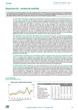Europe


Royaume-Uni : années de sobriété
  La croissance a excédé les attentes sur les douze derniers mois, permettant de repousser la perspective d’un élargissement
  de l’assouplissement quantitatif de la part de la BoE. Néanmoins la consolidation budgétaire s’intensifiant en 2011-2012,
  des défis ambitieux restent à surmonter alors même que la consommation est toujours fragile.

                    La croissance britannique a continué de surprendre à la hausse au troisième trimestre 2010 (0,8% t/t, ou
                    3,1% en rythme annualisé). Le PIB a ainsi crû de 2,8% sur les douze derniers mois et a déjà récupéré 40% de
                    la chute subie pendant la crise. Les enquêtes récentes suggèrent que l’expansion de l’activité se poursuit au
                    quatrième trimestre. Les exportations (en hausse de 2,2% t/t au T3 2010) profitent du rebond du commerce
                    extérieur et d’une demande solide en provenance des marchés émergents. Les exportations de services
                    financiers, en particulier, ont augmenté pour la première fois depuis le début de la crise. Autant de signaux
                    optimistes pour la croissance à court terme. Mais elle n’est cependant pas exempte de faiblesses. Le secteur de
                    la construction en particulier, en hausse de 4,0% t/t, après 9,5% t/t au trimestre précédent, explique une grande
                    partie de la surprise récente. En outre, les perspectives d’évolution des exportations sont incertaines en raison
                    des mesures d’austérité en zone euro, qui représente près de 45% des exportations britanniques. Toutefois, la
                    dépréciation passée de la livre devrait soutenir les exportations et nous continuons de tabler sur une contribution
                    légèrement positive du solde commercial à la croissance, lors des deux prochaines années.
                    Une modération de la croissance est attendue tout au long de l’année 2011, suivie par une accélération
                    des rythmes de croissance à partir de la deuxième moitié de 2012. Le plan de réduction du déficit budgétaire
                    aura un impact négatif important sur la croissance sachant que la majeure partie des coupes budgétaires aura
                    lieu en 2011-2012. La consommation restera vraisemblablement faible par comparaison au rythme de longue
                    période, les mesures d’austérité affectant la confiance du consommateur. Mais elle va avant tout dépendre de
                    l’évolution de l’emploi et de la croissance des salaires nominaux. L’emploi a augmenté de 0,6%t/t au T3 2010 et
                    de 1% depuis le début de l’année. Cependant, l’amélioration de l’emploi est fragile car essentiellement imputable
                    aux emplois à temps partiel seuls (en hausse de 4,2% depuis le début de l’année). Les emplois à temps plein ont
                    en réalité reculé de 0,2%. Le gouvernement envisage de réduire de 330 000 les postes dans le secteur public au
                    cours des cinq prochaines années. Même si la productivité a rebondi depuis le creux de la crise, celle-ci demeure
                    largement inférieure à sa tendance de pré-crise. L’emploi ne devrait donc progresser que graduellement dans les
                    trimestres à venir. La croissance des salaires nominaux devrait également rester timide, les entreprises devant
                    privilégier la réduction des coûts unitaires de production, après une période où les emplois ont été préservés au
                    détriment de la productivité.
                    L’investissement a progressé pour le troisième trimestre consécutif (0,6% t/t) et les enquêtes de la BoE
                    auprès du secteur privé suggèrent une augmentation des dépenses d’investissement dans les mois à
                    venir. La profitabilité des entreprises s’est améliorée grâce au rebond de la demande et les liquidités accumulées
                    sont surtout utilisées à des fins de remboursement de la dette. Tandis que l’incertitude sur la demande est de
                    moins en mois perçue comme un facteur limitant l’investissement des entreprises (enquête CBI), le processus de
                    désendettement en cours et les conditions d’accès au crédit toujours restreintes (particulièrement pour les petites
                    et moyennes entreprises) continuent d’être le frein majeur à la croissance de l’investissement.
                    L’inflation devrait rester supérieure à la cible de la BoE tout au long de 2011, tirée à la hausse par des
                    facteurs temporaires tels que le relèvement de la TVA à 20% en janvier, la dépréciation passée de la livre (23%
                    depuis mi-2007 en termes effectifs), la hausse des prix des matières premières et celle des prix domestiques du
                    gaz et de l’électricité. A moyen terme, l’inflation devrait reculer vers la cible (début 2012 d’après nos prévisions)
                    mais la possibilité d’un dérapage des anticipations d’inflation et des revendications salariales pose un risque
                    haussier. Dans ce contexte, la BoE va, d’après nous, éviter une extension de son programme de rachats de titres
                    et en même temps maintenir son taux directeur au niveau exceptionnellement bas de 0,5% le plus longtemps
                    possible, afin de soutenir la demande intérieure. Nous avons repoussé au T4 2011 la première hausse de taux.

Slavena NAZAROVA
slavena.nazarova@ca-cib.com


              Royaume-Uni : inflation totale et importée
                                                                              Royaum e-Uni                  2010 2011     2012                  2011
    a/a, %                                                           a/a, %
    6                                                                    20                                                           T1    T2      T3    T4
                                                                              PIB                            1,8     1,9     2,1     0,2    0,4    0,5    0,5
    5                                                                   15
                                                                              Consommation privée           1,1      1,2     1,7     0,1    0,3    0,4    0,4
    4                                                                   10    Consommation publique         1,9     -0,3    -1,2 -0,3 -0,3 -0,3          -0,3
    3                                                                   5     Investissement                 2,1     3,2     4,3     0,7    0,8    1,0    1,0
                                                                              Variation des stocks (a)       1,2     0,2     0,1     0,0    0,0    0,0    0,0
    2                                                                   0
                                                                              Exportations nettes (a)       -0,8     0,5     0,5     0,1    0,1    0,1    0,1
     1                                                                  -5    Balance publique (% du PIB)   -8,6 -7,8       -5,6       -     -       -     -
    0                                                                   -10   Taux de chômage (ONS)         7,8      7,7     7,3     7,7    7,7    7,7    7,6
         02    03  04     05      06       07   08    09      10              Inflation (HICP, a/a, %)       3,3     3,0     1,9     3,3    3,0    3,1    2,6
                 CP I         Indice des prix impo rtés (éch. dr.)                                              (a) contribution à la croissance du PIB (en %)
    So urce : ONS, Crédit A grico le S.A .




                                                     Perspectives Macro - N°131 – 1er trimestre 2011                                                        24
 