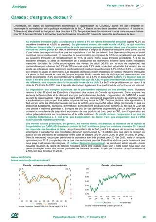 Amérique


Canada : c’est grave, docteur ?
  L’incertitude, les signes de ralentissement économique et l’appréciation du CAD/USD auront fini par l’emporter et
  interrompre la normalisation de la politique monétaire de la BoC. A l’issue de ses deux dernières réunions (19 octobre et
  7 décembre), elle a laissé inchangé son taux directeur à 1%. Des perspectives de croissance bonnes mais revues en baisse
  pour 2011 devraient l’inciter à temporiser jusqu’au troisième trimestre 2011 avant de reprendre ses hausses de taux.


                   Au troisième trimestre 2010, la croissance a ralenti à 1% en rythme trimestriel annualisé (après +2,3% au
                   deuxième trimestre et +5,6% au premier). En glissement annuel, elle reste stable (+3,4%), ce qui relativise
                   l’inflexion trimestrielle. La composition de cette croissance permet également de ne pas s’inquiéter outre-
                   mesure du chiffre global. En effet, le commerce extérieur a amputé la croissance de quatre bons points, du fait
                   d’une baisse des exportations alors que les importations n’ont fait que ralentir. Les dépenses publiques ont aussi
                   contribué moins positivement. En revanche, la consommation a progressé de 3,5% (en accélération par rapport
                   au deuxième trimestre) et l’investissement de 9,4% (à peine moins qu’au trimestre précédent). A la fin du
                   troisième trimestre, la perte de momentum de la croissance est néanmoins évidente dans divers indicateurs
                   mensuels d’activité : le chiffre encourageant des ventes de détail (+0,6% sur le mois de septembre) est
                   contrebalancé par la baisse de 0,2% du PIB mensuel et de 1,2% de la production industrielle. La variation sur un
                   an de ces indicateurs reste néanmoins confortablement positive (respectivement 3,3%, 3,5% et 6,8%). L’évolution
                   de l’emploi est aussi en demi-teinte. Les créations d’emplois restent modestes et volatiles (moyenne mensuelle
                   d’à peine 30 000 depuis le creux de l’emploi en juillet 2009), mais le taux de chômage est clairement sur une
                   pente descendante (7,6% en novembre 2010, contre un pic à 8,7% en août 2009). La BoC n’a toujours pas de
                   souci à se faire côté inflation. En octobre, elle n’était que de 1,8% en glissement annuel, selon sa mesure
                   de référence, soit toujours dans la fourchette basse de sa cible. La BoC anticipe désormais un retour à la
                   cible de 2% d’ici la fin 2012, date à laquelle elle s’attend également à ce que l’écart de production se soit refermé.
                   La dégradation des comptes extérieurs est le phénomène marquant de ces derniers mois. Plusieurs
                   raisons à cela. D’abord les États-Unis n’importent plus autant du Canada qu’auparavant. Sans surprise, les
                   secteurs de l’automobile et du bâtiment sont plus particulièrement touchés. L’appréciation du CAD/USD a aussi
                   sa part de responsabilité (+25% depuis mars 2009, ce qui correspond également à l’ordre de grandeur de sa
                   « sur-évaluation » par rapport à sa valeur moyenne de long terme de 0,78). De plus, derrière cette appréciation, il
                   faut voir en partie les effets des hausses de taux de la BoC, ainsi qu’un effet valeur refuge (le Canada n’a pas les
                   problèmes budgétaires, bancaires, d’immobilier, d’endettement des États-Unis) combiné au fait que le CAD est
                   une devise « matières premières ». Lorsque les prix de ces dernières augmentent, c’est a priori bon pour la
                   croissance canadienne (le pays étant exportateur de ces produits) et donc pour le CAD, dont l’appréciation en
                   retour pèse néanmoins sur la croissance et le solde extérieur. Ce cercle vicieux s’apparente à un cas de
                   « maladie hollandaise », à ceci près que l’appréciation du loonie n’est pas uniquement due à l’effet
                   exportation de matières premières.
                   Les mêmes causes produisant, en général, les mêmes effets, l’incertitude, la mollesse de la reprise et
                   l’appréciation du CAD/USD devraient conduire la BoC à patienter jusqu’au troisième trimestre 2011 avant
                   de reprendre ses hausses de taux. Les préoccupations de la BoC quant à la vigueur de la reprise mondiale,
                   américaine et canadienne sont manifestes dans son communiqué du 19 octobre ainsi que dans la révision en
                   baisse de ses prévisions de croissance entre juillet et octobre (3% en 2010, 2,3% en 2011 et 2,6% en 2012).
                   Dans la mesure où nos propres prévisions de croissance sont très proches pour 2010 et 2011, mais un peu plus
                   optimistes pour 2012 (compte tenu de ce que nous anticipons pour les États-Unis et de ce que la croissance des
                   deux pays n’est jamais très éloignée, cf. tableau Scénario économique), sa conclusion selon laquelle « toute
                   nouvelle réduction du degré de détente monétaire devra être évaluée avec soin » milite selon nous pour une
                   pause prolongée, avant une reprise graduelle des hausses de taux (+25 pdb par trimestre, ce qui ramènerait à
                   2,50% son taux directeur fin 2012).

Hélène BAUDCHON
helene.baudchon@credit-agricole-sa.fr

                 Canada : croissance au diapason américain                                            Canada : cher loonie
       a/a, %                                                        a/a, %     1,05
       6                                                                   6
                                                                                1,00
       4                                                                   4
                                                                                0,95
       2                                                                   2
                                                                                0,90
       0                                                                   0
                                                                                0,85

       -2                                                                  -2   0,80

       -4                                                                  -4   0,75
                                                                                   janv.-   avr.-   juil.-   o ct.-   janv.- avr.-    juil.-10   o ct.-
       -6                                                                  -6        09      09      09       09        10    10                   10
            00     01   02   03 04 05 06 07 08 09 1                  0
                                                                                                        CA D/USD                mo yenne de LT
                              Canada          Etats-Unis
       So urce : Statistics Canada, B EA , IHS Glo bal Insight, CA S.A .        So urce : Réserve fédérale, Crédit A grico le S.A .




                                                    Perspectives Macro - N°131 – 1er trimestre 2011                                                       26
 