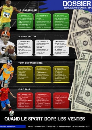DOSSIER
                                                                                       REFLEXIONS MARKETIN G
                    JO LONDRES 2012

                    12 millions € de          34,5 milliards de         80 000 tweets
                    recettes publicitaires    téléspectateurs en        mentionnant les JO
                    pour France Télévision    cumulé                    pour le 200m de Bolt
                    2,6 millions pour TF1     1 milliard de             9.66 millions de
                    158 annonceurs et         téléspectateurs pour la   tweets pour la
                    3891 spots (France)       cérémonie d’ouverture     cérémonie d’ouverture
                    957 millions $ de         8,7 millions de           Les marques
                    sponsoring (11            téléspectateurs sur       choisissent Youtube,
                    marques officielles)      TF1 soit 57% du public    Twitter puis Facebook




                    SUPERBOWL 2012

                    3,5 millions $ les        111,3 millions de         3,7 millions de
                    30 secondes de            téléspectateurs aux       tweets au total
                    publicité                 USA (75% des              12 333 tweets par
                    245 millions $ de         américains)               seconde durant la
                    recettes publicitaires    351 000                   fin du match
                    pour NBC                  téléspectateurs en        40 millions
                    35 minutes de pubs        France sur W9 soit        d’américains vont
                    12 marques de             9, 4% de part             partager les pubs du
                    voitures                  d’audience                Supebowl




                    TOUR DE FRANCE 2012

                    5,5 millions € de         12 millions de            La caravane :
                    recettes publicitaires    spectateurs sur les       20 kms de long et
                    pour France               routes                    180 véhicules
                    Télévisions               3,4 millions de           37 marques
                    1810 spots                téléspectateurs en        15 millions de
                    publicitaires             moyenne sur France        cadeaux distribués
                    9h de publicités          2 pour 34.6% de           70 millions € de CA
                    cumulées                  part d'audience           liés au Tour pour
                                                                        Cochonou




                    EURO 2012

                    60,1 millions € de        1,3 millions de
                    recettes publicitaires    spectateurs dans les      142 500 personnes
                    pour TF1 et M6            stades                    suivent @UEFAcom
                    1020 spots                11,2 millions de          sur Twitter.
                    publicitaires et 6h20     téléspectateurs pour      7 tweets par
                    de publicités             48,5 % de part            seconde utilisant
                    cumulées (France)         d'audience : meilleure    #EURO2012.
                    138 annonceurs            audience France pour
                    différents (France)       la finale




    QUAND LE SPORT DOPE LES VENTES
DOSSIER MARKETING                   PAGE 5 – PERSPECTIVES, LE MAGAZINE D’ATHENEA CONSEILS – N°12 – SEPT-OCT 2012
 