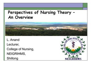 Perspectives of Nursing Theory –
An Overview
L. Anand
Lecturer,
College of Nursing,
NEIGRIHMS,
Shillong
 