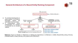 General Architecture of a Neural Entity Ranking Component
Reference: Figure 3 in Sevgili, O., Shelmanov, A., Arkhipov, M., Panchenko, A., & Biemann, C. (2020). Neural Entity Linking: A Survey
of Models based on Deep Learning. arXiv preprint arXiv:2006.00575.
● To correctly disambiguate an
entity mention, it is crucial to
thoroughly capture the
information from its context.
● A contextualized vector
representation of a mention
is generated by an encoder
network.
 