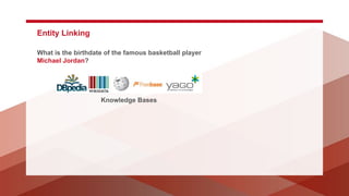 Entity Linking
What is the birthdate of the famous basketball player
Michael Jordan?
Knowledge Bases
 