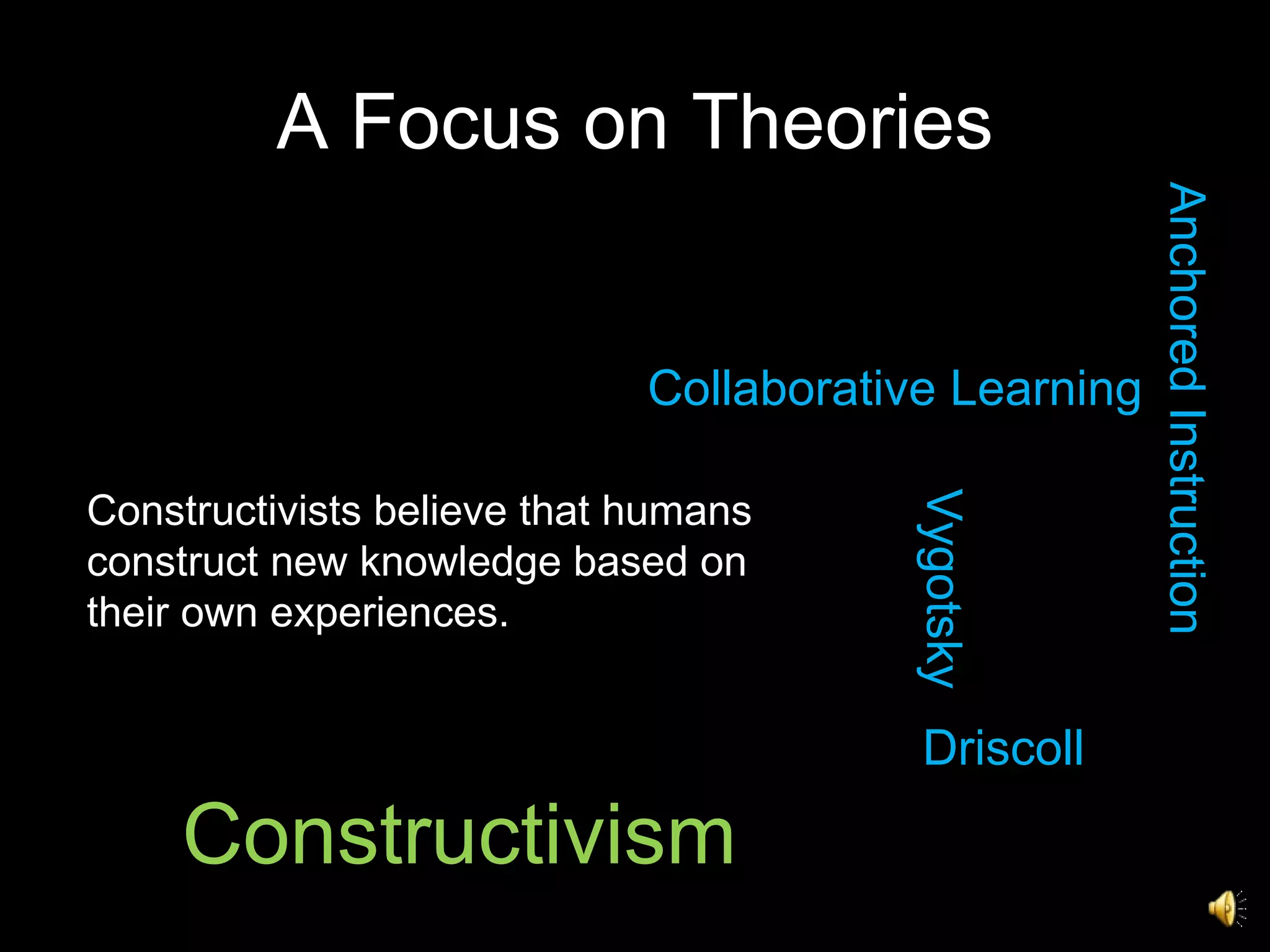 A Focus on Theories Constructivism Vygotsky Collaborative Learning  Constructivists believe that humans construct new knowledge based on their own experiences.  Anchored Instruction Driscoll 