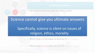 Science cannot give you ultimate answers
Specifically, science is silent on issues of
religion, ethics, morality
 