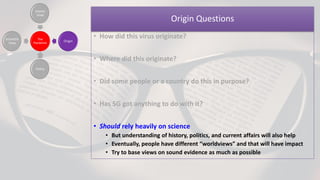 Origin Questions
• How did this virus originate?
• Where did this originate?
• Did some people or a country do this in purpose?
• Has 5G got anything to do with it?
• Should rely heavily on science
• But understanding of history, politics, and current affairs will also help
• Eventually, people have different “worldviews” and that will have impact
• Try to base views on sound evidence as much as possible
 