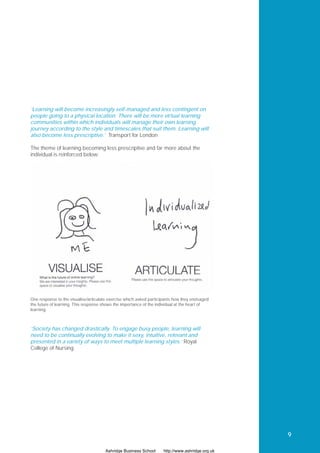 ‘Learning will become increasingly self-managed and less contingent on
people going to a physical location. There will be more virtual learning
communities within which individuals will manage their own learning
journey according to the style and timescales that suit them. Learning will
also become less prescriptive.’ Transport for London

The theme of learning becoming less prescriptive and far more about the
individual is reinforced below:




One response to the visualise/articulate exercise which asked participants how they envisaged
the future of learning. This response shows the importance of the individual at the heart of
learning.



‘Society has changed drastically. To engage busy people, learning will
need to be continually evolving to make it sexy, intuitive, relevant and
presented in a variety of ways to meet multiple learning styles.’ Royal
College of Nursing




                                                                                                  9

                                       Ashridge Business School      http://www.ashridge.org.uk
 