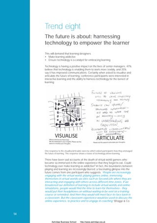 Trend eight
     The future is about: harnessing
     technology to empower the learner
     This will demand that learning designers
     • Make learning addictive
     • Ensure technology is a catalyst for embracing learning

     Technology is having a positive impact on the lives of senior managers. 47%
     believe that technology is enabling them to work more ﬂexibly, and 35%
     say it has improved communications. Certainly when asked to visualise and
     articulate the future of learning, conference participants were interested in
     interactive learning and the ability to harness technology for the beneﬁt of
     learning:




     One response to the visualise/articulate exercise which asked participants how they envisaged
     the future of learning. This response shows a future of technology driven learning.


     There have been sad accounts of the death of virtual world gamers who
     became so immersed in the online experience that they forgot to eat. Could
     technology ever make learning as addictive? In fact, the boundaries between
     playing and learning are increasingly blurred; a fascinating glimpse into the
     future comes from one participant who suggests: ‘People are increasingly
     engaging with the virtual world, playing games online, immersing
     themselves in virtual worlds via sites such as Second Life where they are
     interacting and engaging with others across different time zones. If we
     broadened our definition of learning to include virtual worlds and online
     simulations, people would find the time to learn for themselves - they
     would put their headphones on without waiting to be sent on a training
     course or reminded. And then they would still meet face-to-face back in
     a classroom. But the classroom experience would be used to discuss the
     online experience, to practice and to engage in coaching’ Wragge & Co.



14

            Ashridge Business School      http://www.ashridge.org.uk
 