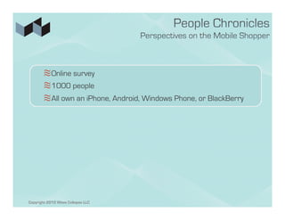 ≋ Online survey
       ≋ 1000 people
       ≋ All own an iPhone, Android, Windows Phone, or BlackBerry




Copyright 2012 Wave Collapse LLC
 