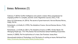 Annex: References (1)
Coleman, P. (2018). Conflict intelligence and systemic wisdom: Meta-competencies for
engaging conflict in a complex, dynamic world. Negotiation Journal, 34(1), 7–35.
Haas, M. & Mortensen, M. (2016). The secrets of great teamwork. Harvard Business Review,
94(6), 70–76.
Katzenbach, J., & Smith, D. (1993). The discipline of teams. Harvard Business Review, 71(2),
111–120.
Katzenbach, J., & Smith, D. (2011). The discipline of teams. In HBR's 10 Must Reads: On
Managing People (pp. 175–194). Boston: Harvard Business School Publishing Corporation.
Lencioni, P. (2002). The five dysfunctions of a team. San Francisco: Jossey-Bass.
Massachusetts Institute of Technology. (n.d.) The basics of working on teams. Retrieved from
https://hr.mit.edu/learning-topics/teams/articles/basics.
 