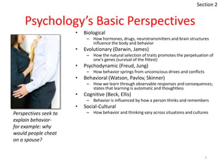 Psychology’s Basic Perspectives
2
• Biological
– How hormones, drugs, neurotransmitters and brain structures
influence the body and behavior
• Evolutionary (Darwin, James)
– How the natural selection of traits promotes the perpetuation of
one's genes (survival of the fittest)
• Psychodynamic (Freud, Jung)
– How behavior springs from unconscious drives and conflicts
• Behavioral (Watson, Pavlov, Skinner)
– How we learn through observable responses and consequences;
states that learning is automatic and thoughtless
• Cognitive (Beck, Ellis)
– Behavior is influenced by how a person thinks and remembers
• Social-Cultural
– How behavior and thinking vary across situations and culturesPerspectives seek to
explain behavior-
for example: why
would people cheat
on a spouse?
Section 2
 