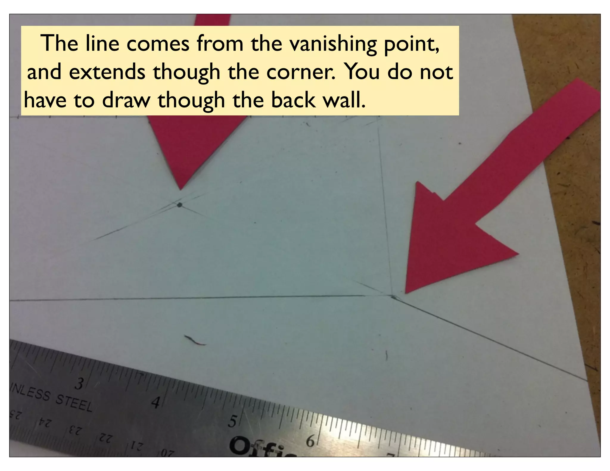 The line comes from the vanishing point,
and extends though the corner. You do not
have to draw though the back wall.
 