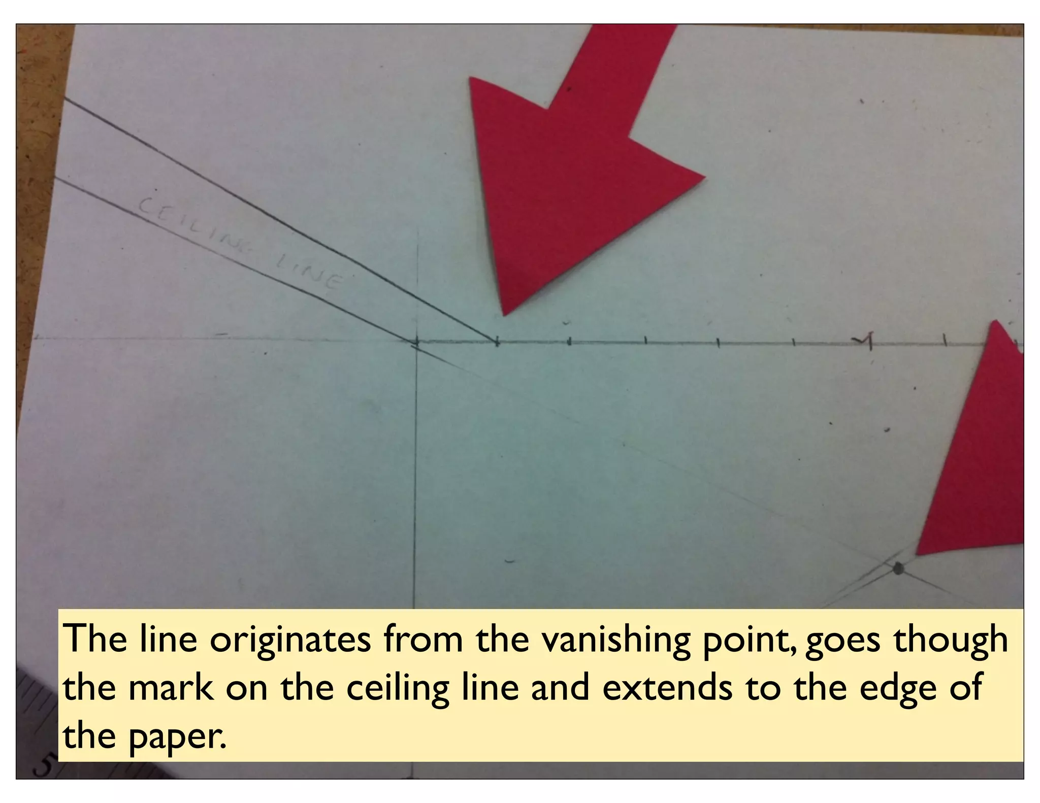The line originates from the vanishing point, goes though
the mark on the ceiling line and extends to the edge of
the paper.
 