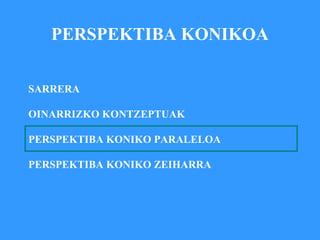 PERSPEKTIBA KONIKOA SARRERA OINARRIZKO KONTZEPTUAK PERSPEKTIBA KONIKO PARALELOA PERSPEKTIBA KONIKO ZEIHARRA 