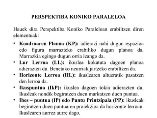 PERSPEKTIBA KONIKO PARALELOA Hauek dira Perspektiba Koniko Paraleloan erabiltzen diren elementuak: Koadroaren Planoa (KP):  adierazi nahi dugun espazioa edo figura marrazteko erabiliko dugun planoa da. Marrazkia egingo dugun orria izango da. Lur Lerroa (LL):  ikuslea kokatuta dagoen planoa adierazten du. Benetako neurriak jartzeko erabiltzen da. Horizonte Lerroa (HL):  ikuslearen altueratik pasatzen den lerroa da. Ikuspuntua (IkP):  ikuslea dagoen tokia adierazten du. Ikusleak nondik begiratzen duen markatzen duen puntua. Ihes – puntua (IP) edo Puntu Printzipala (PP):  ikusleak begiratzen duen puntuaren proiekzioa da horizonte lerroan. Ikuslearen aurrez aurre dago. 