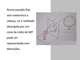 Numa posição fixa,
sem mexermos a
cabeça, só a realidade
abrangida por um
cone de visão de 60º
pode ser
representada sem
distorções.
60º
 