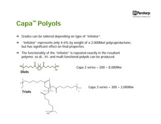 Capa™ Polyols
Grades can be tailored depending on type of “initiator”.
“Initiator” represents only 4-6% by weight of a 2,000Mwt polycaprolactone,
but has significant effect on final properties.
The functionality of the “initiator” is repeated exactly in the resultant
polymer, so di-, tri- and multi functional polyols can be produced.
Capa 2 series – 200 – 8,000Mw
Diols

Capa 3 series – 300 – 3,000Mw
Triols

 