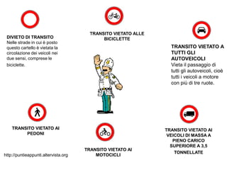 TRANSITO VIETATO ALLE
 DIVIETO DI TRANSITO                         BICICLETTE
 Nelle strade in cui è posto
 questo cartello è vietata la                                     TRANSITO VIETATO A
 circolazione dei veicoli nei                                     TUTTI GLI
 due sensi, comprese le                                           AUTOVEICOLI
 biciclette.                                                      Vieta il passaggio di
                                                                  tutti gli autoveicoli, cioè
                                                                  tutti i veicoli a motore
                                                                  con più di tre ruote.




    TRANSITO VIETATO AI                                         TRANSITO VIETATO AI
         PEDONI                                                  VEICOLI DI MASSA A
                                                                   PIENO CARICO
                                                                  SUPERIORE A 3,5
                                      TRANSITO VIETATO AI
                                                                    TONNELLATE
http://puntieappunti.altervista.org       MOTOCICLI
 