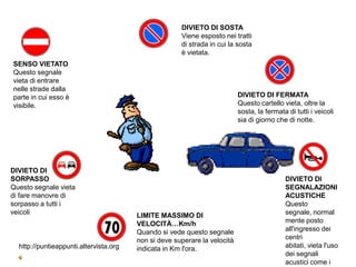 DIVIETO DI SOSTA
                                                      Viene esposto nei tratti
                                                      di strada in cui la sosta
                                                      è vietata.
SENSO VIETATO
Questo segnale
vieta di entrare
nelle strade dalla
parte in cui esso è                                                        DIVIETO DI FERMATA
visibile.                                                                  Questo cartello vieta, oltre la
                                                                           sosta, la fermata di tutti i veicoli
                                                                           sia di giorno che di notte.




DIVIETO DI
SORPASSO                                                                                    DIVIETO DI
Questo segnale vieta                                                                        SEGNALAZIONI
di fare manovre di                                                                          ACUSTICHE
sorpasso a tutti i                                                                          Questo
veicoli                                 LIMITE MASSIMO DI                                   segnale, normal
                                        VELOCITÀ…Km/h                                       mente posto
                                        Quando si vede questo segnale                       all'ingresso dei
                                        non si deve superare la velocità                    centri
  http://puntieappunti.altervista.org   indicata in Km l'ora.                               abitati, vieta l'uso
                                                                                            dei segnali
                                                                                            acustici come i
 