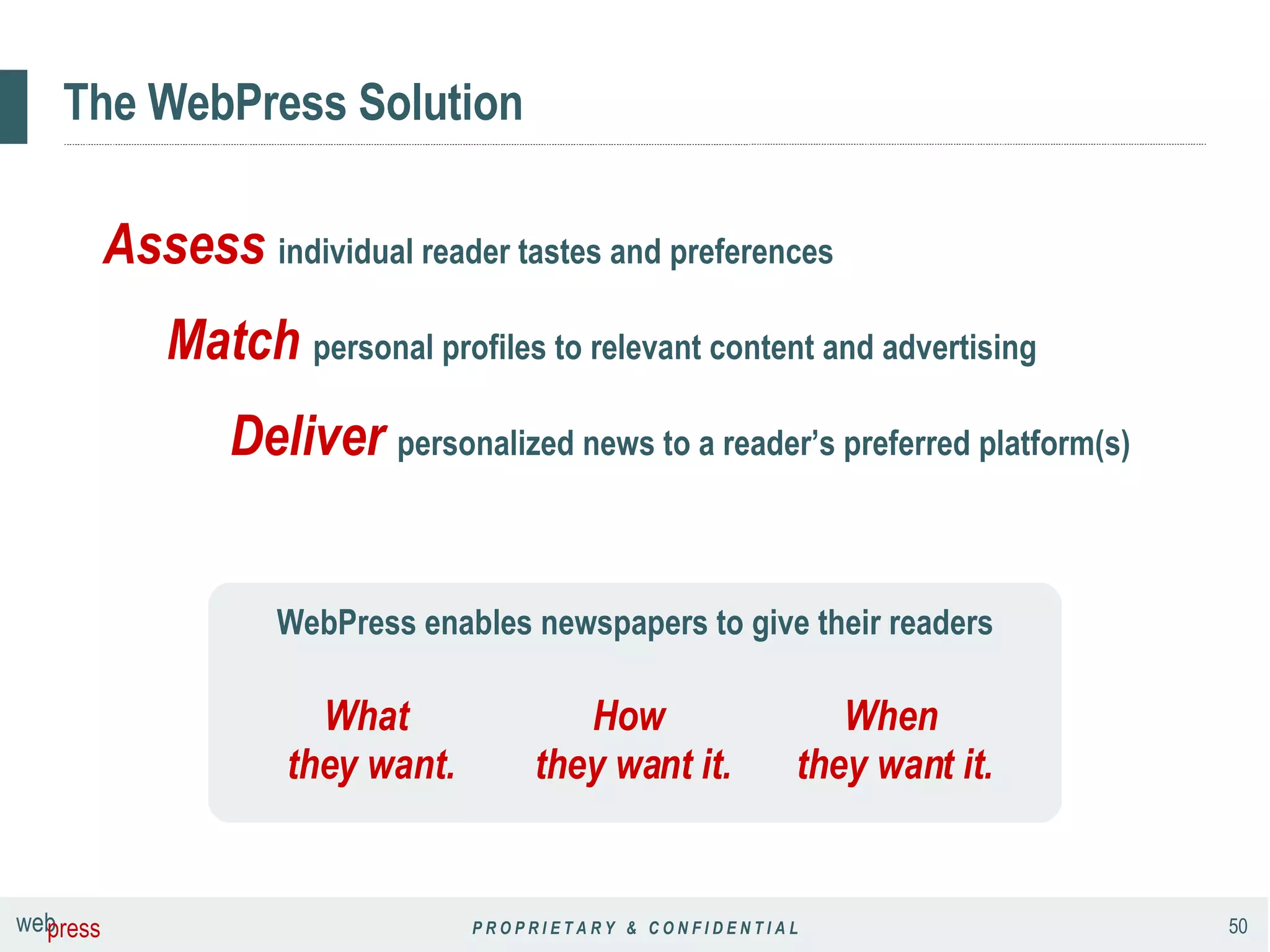 The WebPress Solution WebPress enables newspapers to give their readers Assess   individual reader tastes and preferences Match   personal profiles to relevant content and advertising Deliver   personalized news to a reader’s preferred platform(s) What  they want. When  they want it. How  they want it. 