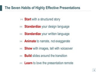 The Seven Habits of Highly Effective Presentations [  1  ] Start   with a structured story   [  2  ]   Standardize   your design language   [  3  ]   Standardize   your written language   [  4  ]   Animate   to narrate, not exaggerate   [  5  ]   Show   with images, tell with voiceover   [  6  ]   Build   slides around the transition     [  7  ]   Learn   to love the presentation remote 