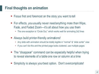 Final thoughts on animation Focus first and foremost on the story you want to tell For effects, you usually never need anything more than Wipe, Fade, and Faded Zoom—it’s all about how you use them The one exception is “Circle Out,” which works well for animating 2x2 lines Always build printer-friendly animations!  Any slide with animation should be totally legible in “normal” & “slide sorter” view If you can’t do this and the printed page looks cluttered, use multiple pages The “disappear” command can be especially helpful when trying to reveal elements of a table one row or column at a time Simplicity is always your best option.  Don’t overcomplicate! 