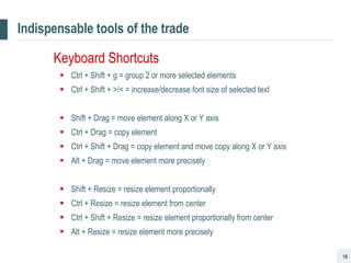 Indispensable tools of the trade <ul><li>Keyboard Shortcuts </li></ul><ul><ul><li>Ctrl + Shift + g = group 2 or more selec...