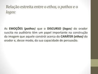 Relação estreita entre o ethos,o pathose o
logos:
As EMOÇÕES (pathos) que o DISCURSO (logos) do orador
suscita no auditório têm um papel importante na construção
da imagem que aquele constrói acerca do CARÁTER (ethos) do
orador e, desse modo, da sua capacidade de persuasão.
 