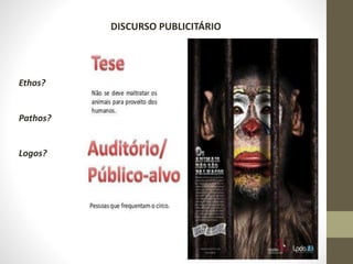 DISCURSO PUBLICITÁRIO
Ethos?
Pathos?
Logos?
 