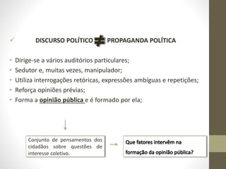  DISCURSO POLÍTICO PROPAGANDA POLÍTICA
• Dirige-se a vários auditórios particulares;
• Sedutor e, muitas vezes, manipulador;
• Utiliza interrogações retóricas, expressões ambíguas e repetições;
• Reforça opiniões prévias;
• Forma a opinião pública e é formado por ela;
Conjunto de pensamentos dos
cidadãos sobre questões de
interesse coletivo.
 