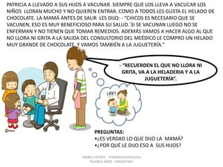 MABEL FREIXES FONONOAUDIÓLOGA
BUENOS AIRES ARGENTINA
PATRICIA A LLEVADO A SUS HIJOS A VACUNAR. SIEMPRE QUE LOS LLEVA A VACUCAR LOS
NIÑOS LLORAN MUCHO Y NO QUIEREN ENTRAR. COMO A TODOS LES GUSTA EL HELADO DE
CHOCOLATE. LA MAMÁ ANTES DE SALIR LES DIJO: - “CHICOS ES NECESARIO QUE SE
VACUNEN, ESO ES MUY BENEFICIOSO PARA SU SALUD.´SI SE VACUNAN LUEGO NO SE
ENFERMAN Y NO TIENEN QUE TOMAR REMEDIOS. ADEMÁS VAMOS A HACER ALGO AL QUE
NO LLORA NI GRITA A LA SALIDA DEL CONSULTORIO DEL MEÉDICO LE COMPRO UN HELADO
MUY GRANDE DE CHOCOLATE Y VAMOS TAMBIÉN A LA JUGUETERÍA.”
- “RECUERDEN EL QUE NO LLORA NI
GRITA, VA A LA HELADERIA Y A LA
JUGUETERÍA”.
¡AY!
PREGUNTAS:
•¿ES VERDAD LO QUE DIJO LA MAMÁ?
•¿POR QUÉ LE DIJO ESO A SUS HIJOS?
 