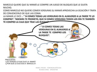- “ SI COMES TODAS LAS VERDURAS
EN EL ALMUERZO A LA TARDE TE LO
COMPRO”.
MARCELO QUIERE QUE SU MAMÁ LE COMPRE UN JUEGO DE BLOQUES QUE LE GUSTA
MUCHO.
COMO MARCELO NO QUIERE COMER VERDURAS SU MAMÁ APROVECHA LA OCACIÓN Y TRATA
DE CONVENCERLO DE QUE LAS COMA.
LA MAMÁ LE DICE: - “ SI COMES TODAS LAS VERDURAS EN EL ALMUERZO A LA TARDE TE LO
COMPRO”. “ADEMÁS TE PROMETO, QUE SI COMES VERDURAS TODOS LOS DÍA TE TAMBIÉN
TE COMPRO LA CAJA QUE TRAE LAS RUEDAS”
- “ SI COMES TODAS LAS
VERDURAS EN EL ALMUERZO A
LA TARDE TE COMPRO LOS
BLOQUES”.
PREGUNTAS:
•¿ES VERDAD LO QUE DIJO LA MAMÁ?
•¿POR QUÉ LE DIJO ESO A MARCELO?
MABEL FREIXES FONONOAUDIÓLOGA
BUENOS AIRES ARGENTINA
 