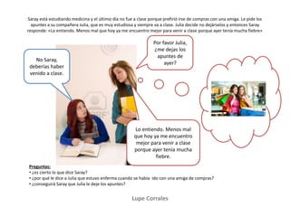 Lupe Corrales
Saray está estudiando medicina y el último día no fue a clase porque prefirió irse de compras con una amiga. Le pide los
apuntes a su compañera Julia, que es muy estudiosa y siempre va a clase. Julia decide no dejárselos y entonces Saray
responde: «Lo entiendo. Menos mal que hoy ya me encuentro mejor para venir a clase porque ayer tenía mucha fiebre»
Preguntas:
• ¿es cierto lo que dice Saray?
• ¿por qué le dice a Julia que estuvo enferma cuando se había ido con una amiga de compras?
• ¿conseguirá Saray que Julia le deje los apuntes?
Por favor Julia,
¿me dejas los
apuntes de
ayer?
No Saray,
deberías haber
venido a clase.
Lo entiendo. Menos mal
que hoy ya me encuentro
mejor para venir a clase
porque ayer tenía mucha
fiebre.
 